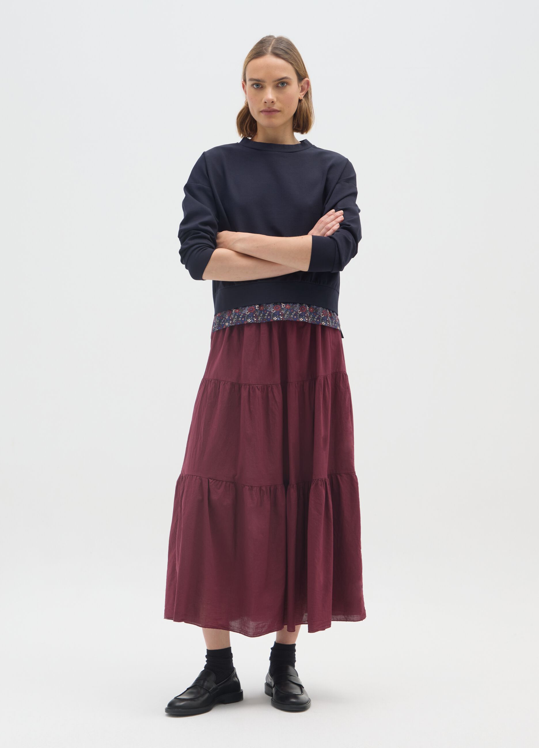 Long Red Tiered Skirt in Pure Cotton