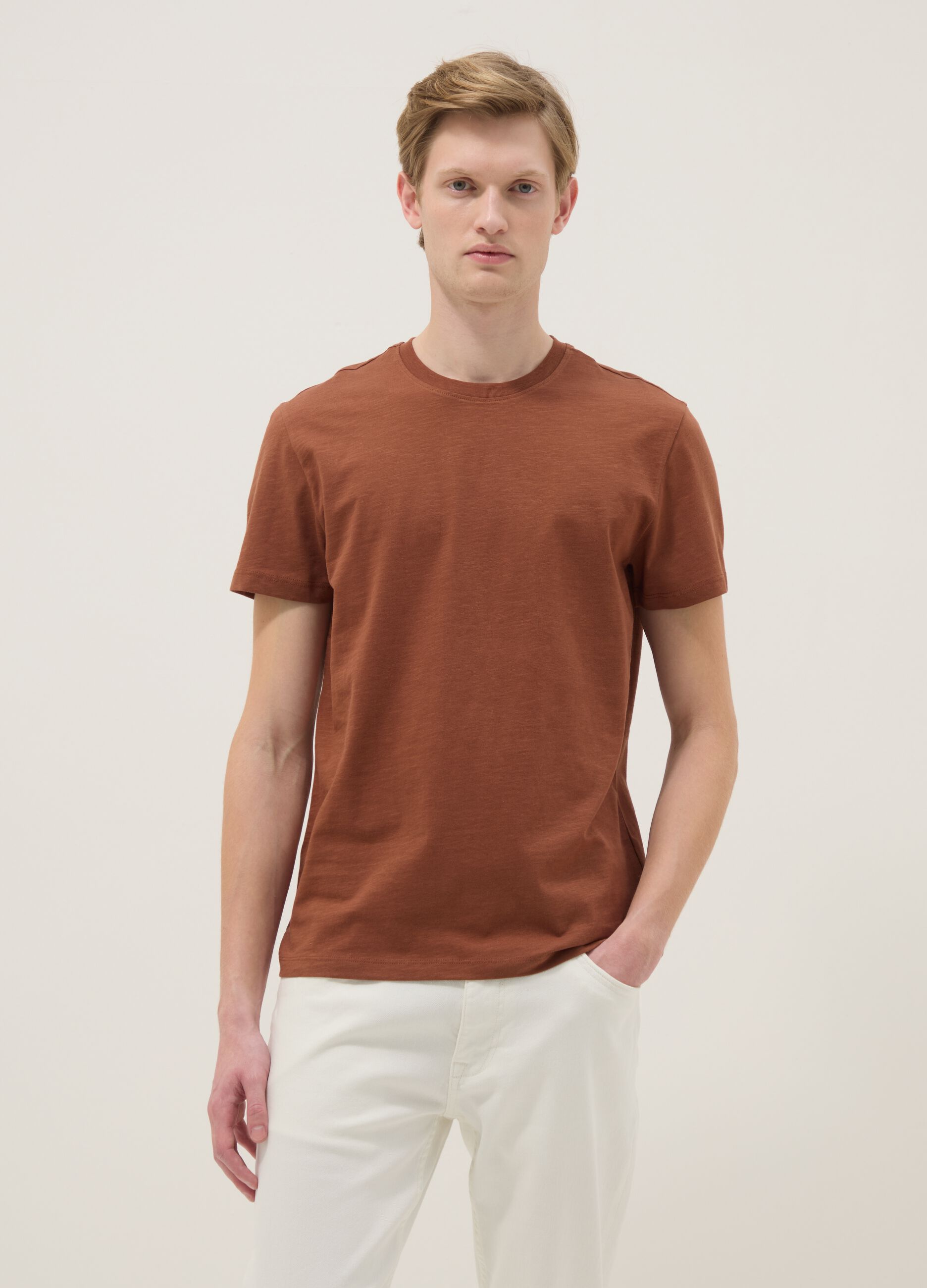 Brown short-sleeve pure cotton regular fit T-shirt