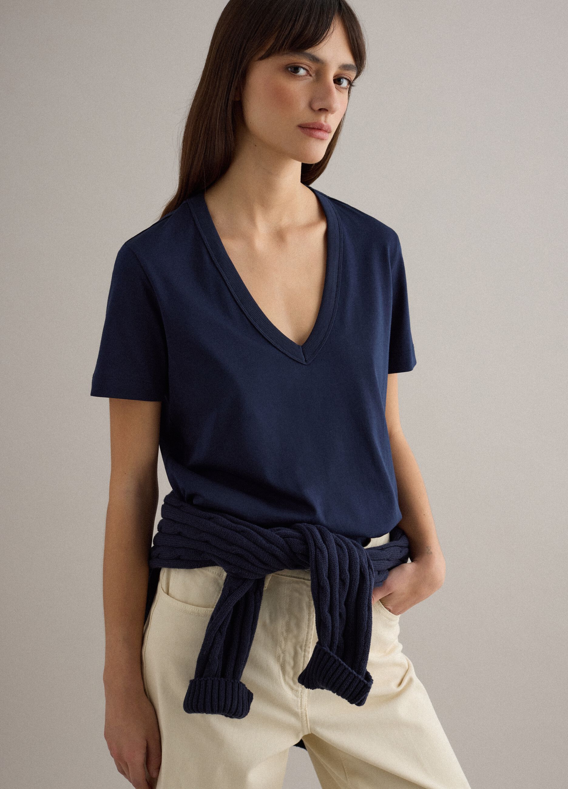 Deep V Regular Fit Blue Pure Cotton T-shirt