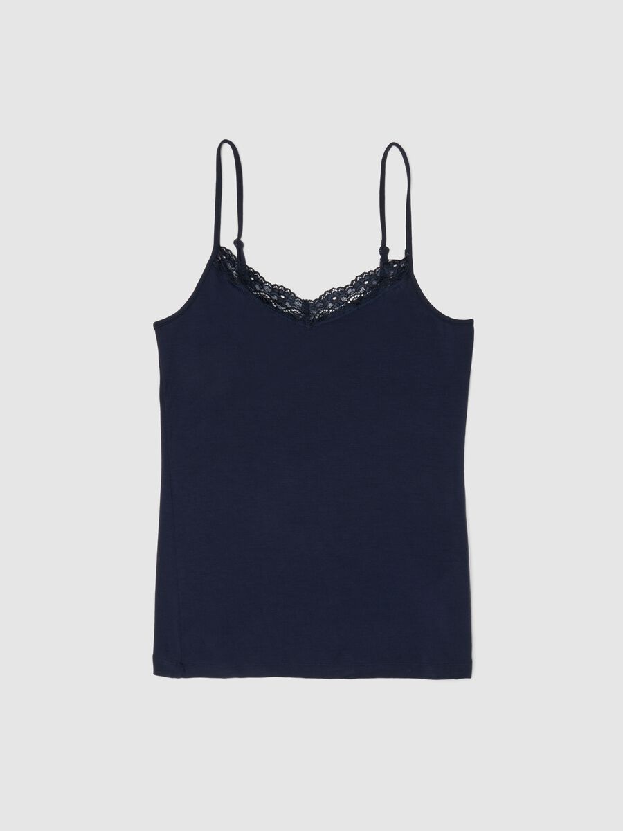 Blue slim fit stretch viscose camisole with lace_4