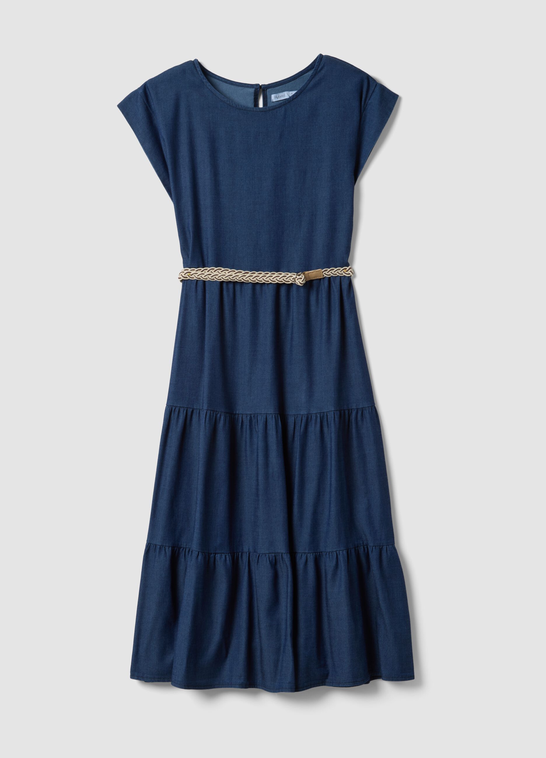 Blue midi dress in pure lyocell with braided belt