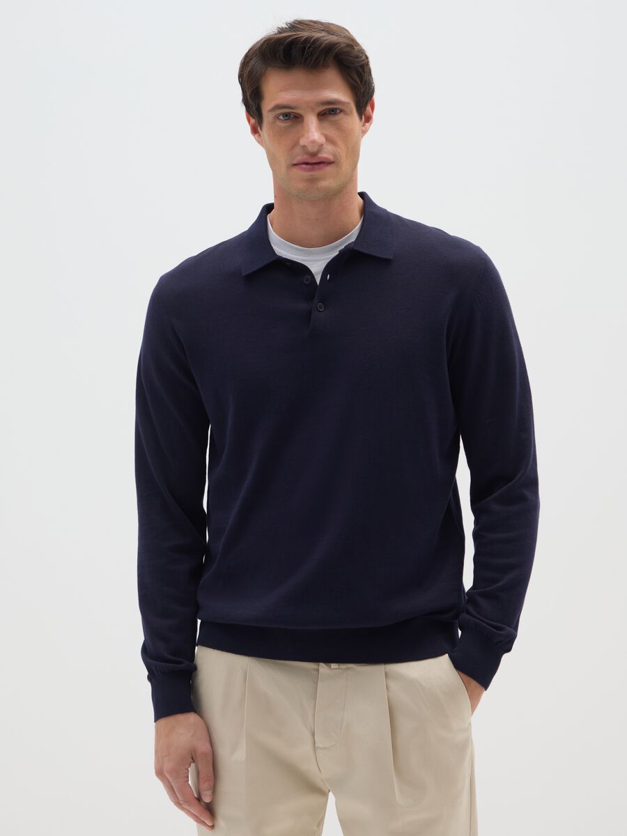 Polo a maniche lunghe in misto cotone e seta blu regular fit_0