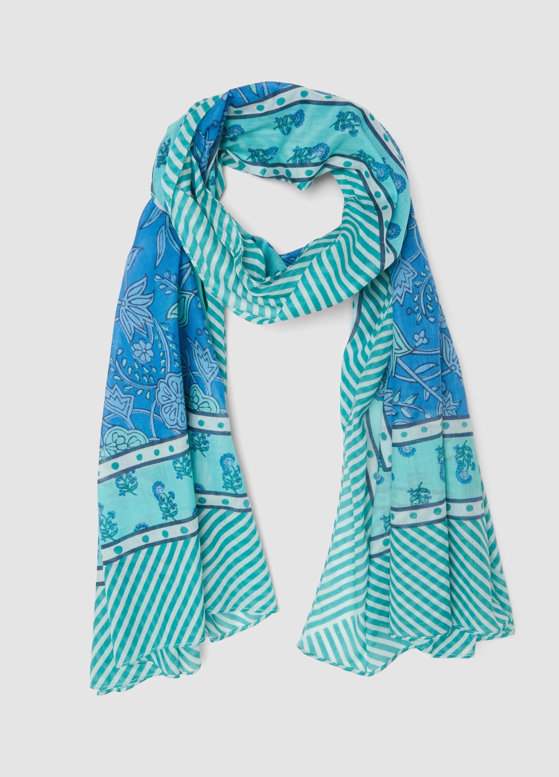 Light blue pure cotton scarf with floral print