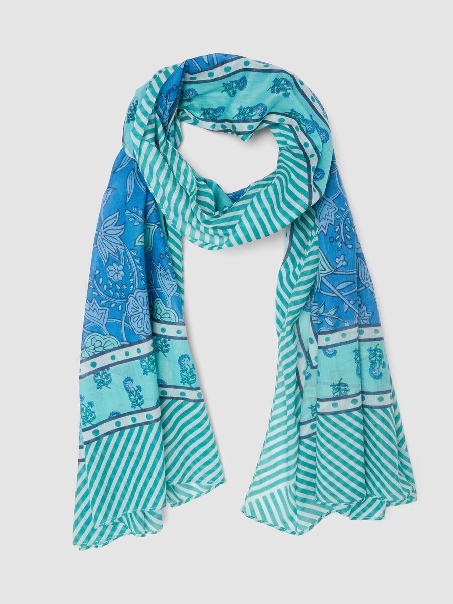 Light blue pure cotton scarf with floral print_0