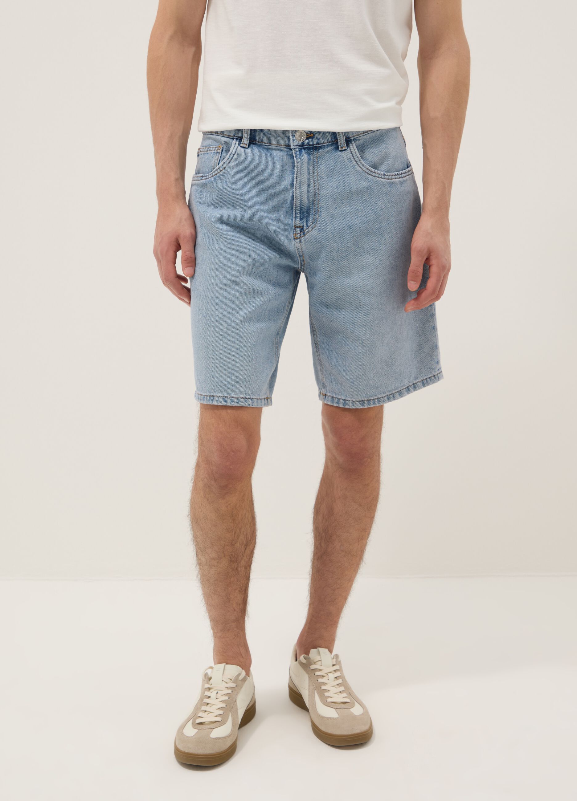 Light Blue Denim-Blend Slim Fit Shorts