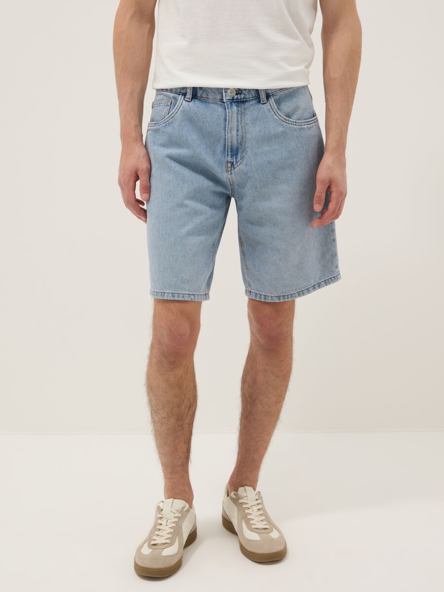 Light Blue Denim-Blend Slim Fit Shorts_1