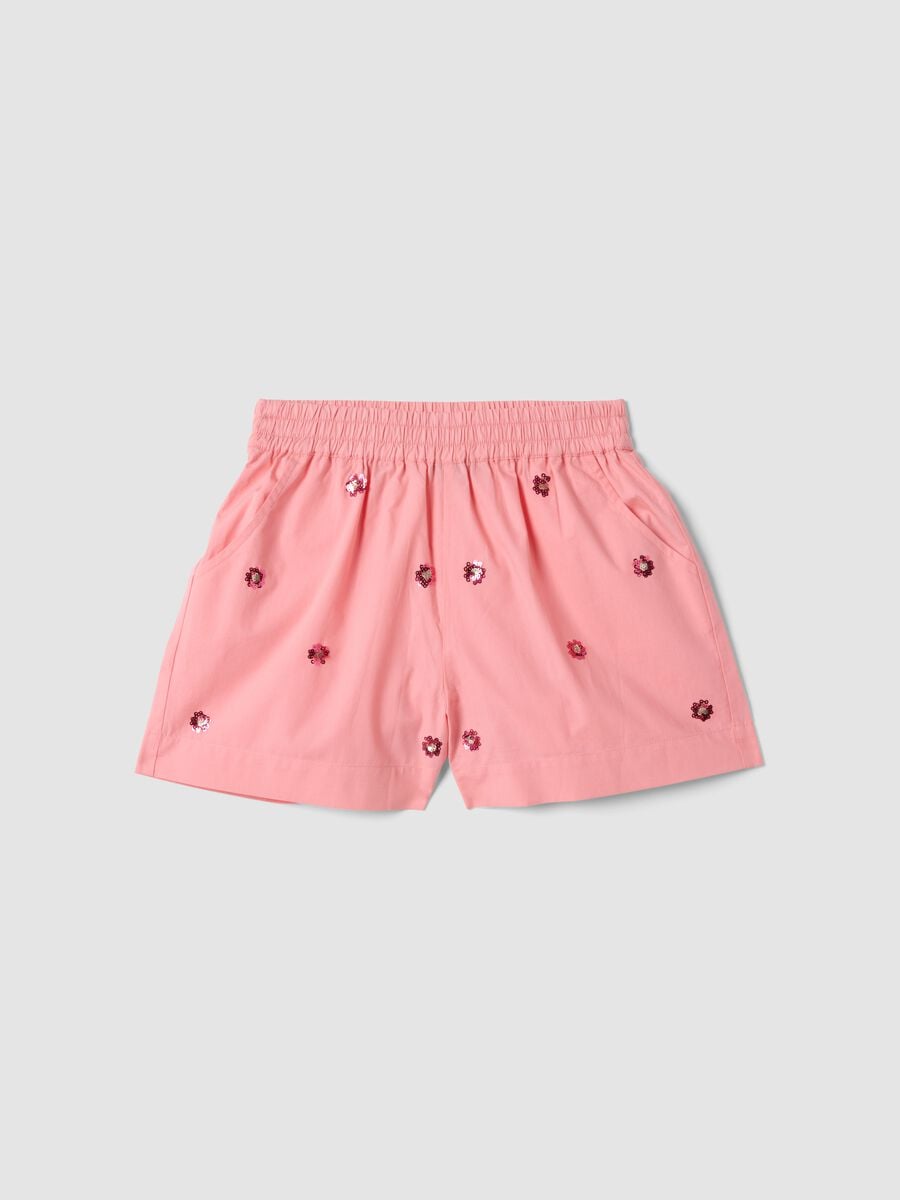 Pink pure cotton shorts with floral sequins_0