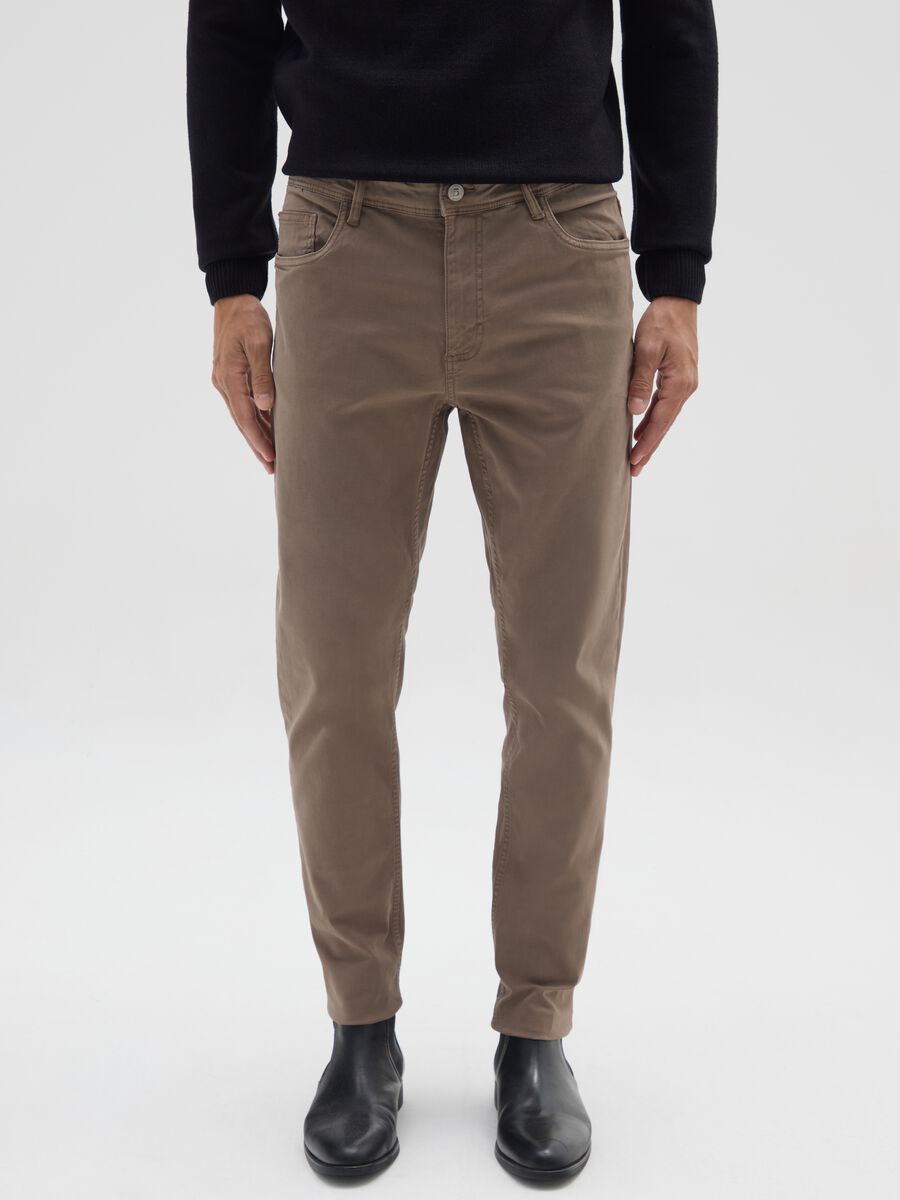 Brown skinny fit stretch cotton trousers_1