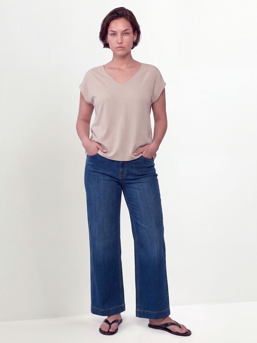 Jeans denim blu in cotone e viscosa elasticizzata bootcut fit_0