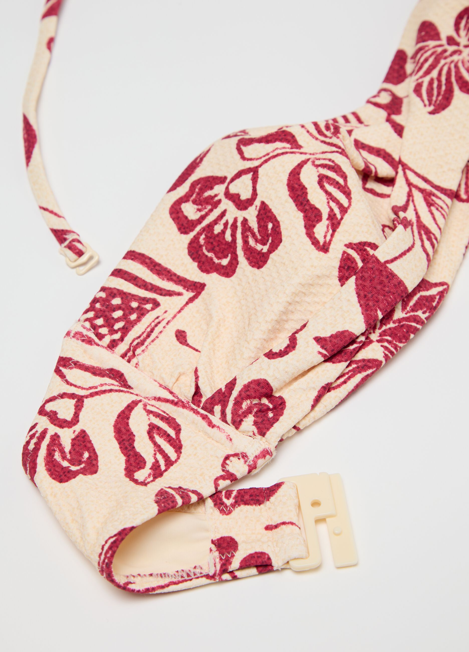 Cream and red floral bandeau bikini top
