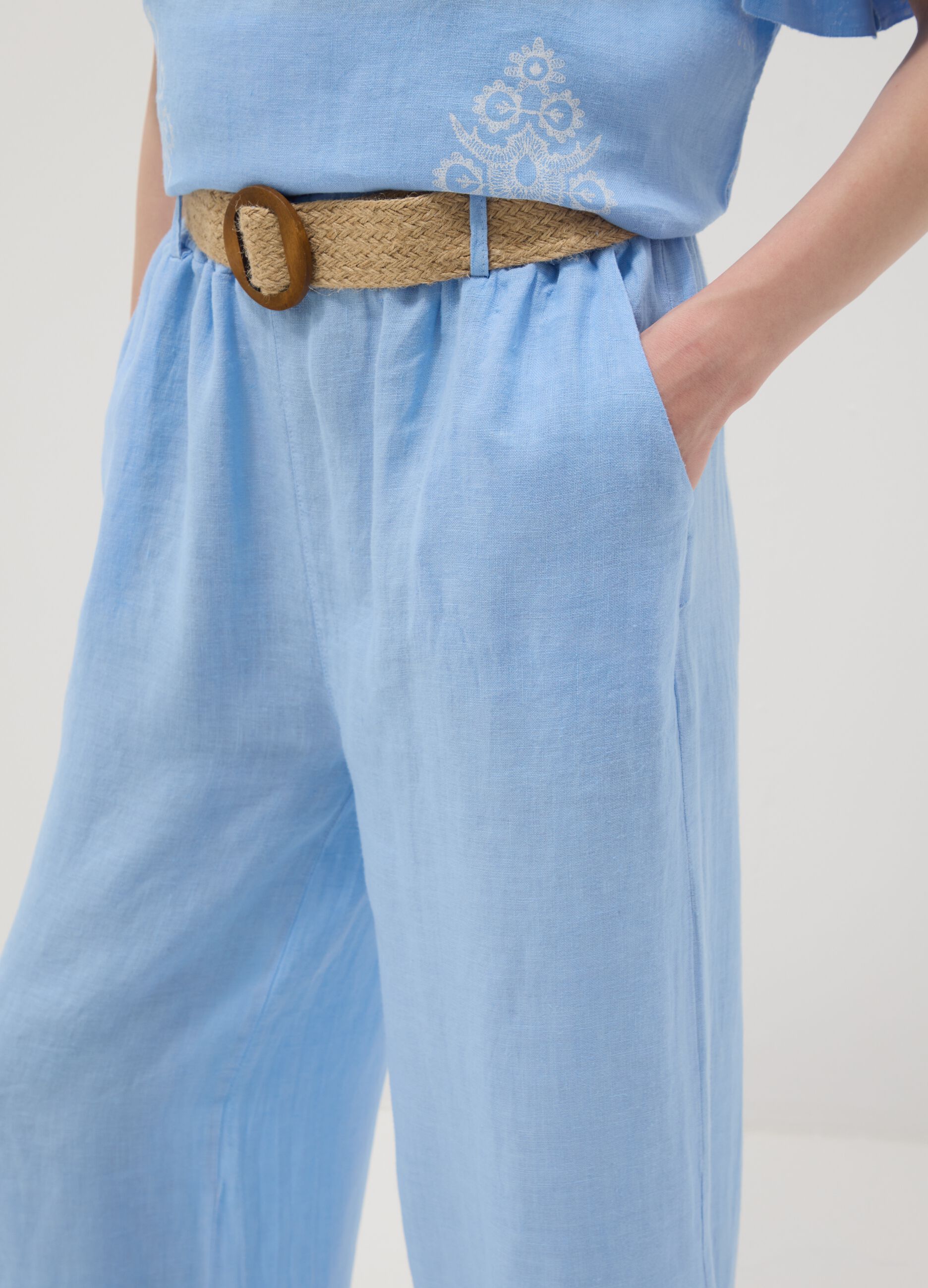 Sky-blue pure linen wide-leg trousers with elasticated waist