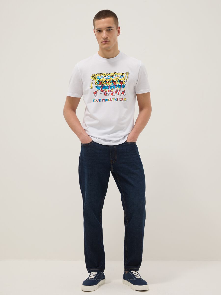 White pure cotton regular fit T-shirt with SpongeBob print_1