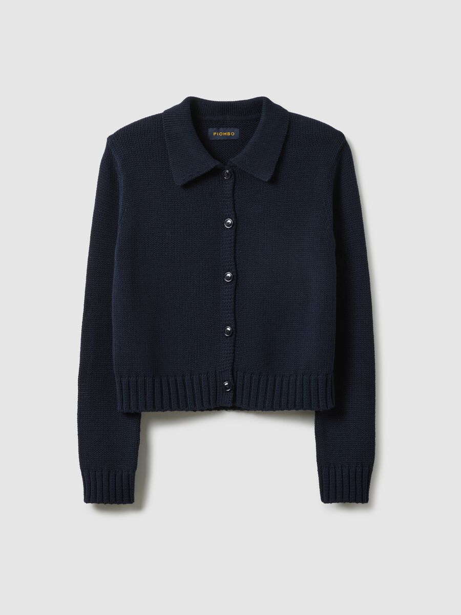 Blue cotton cardigan with polo collar, regular fit_0