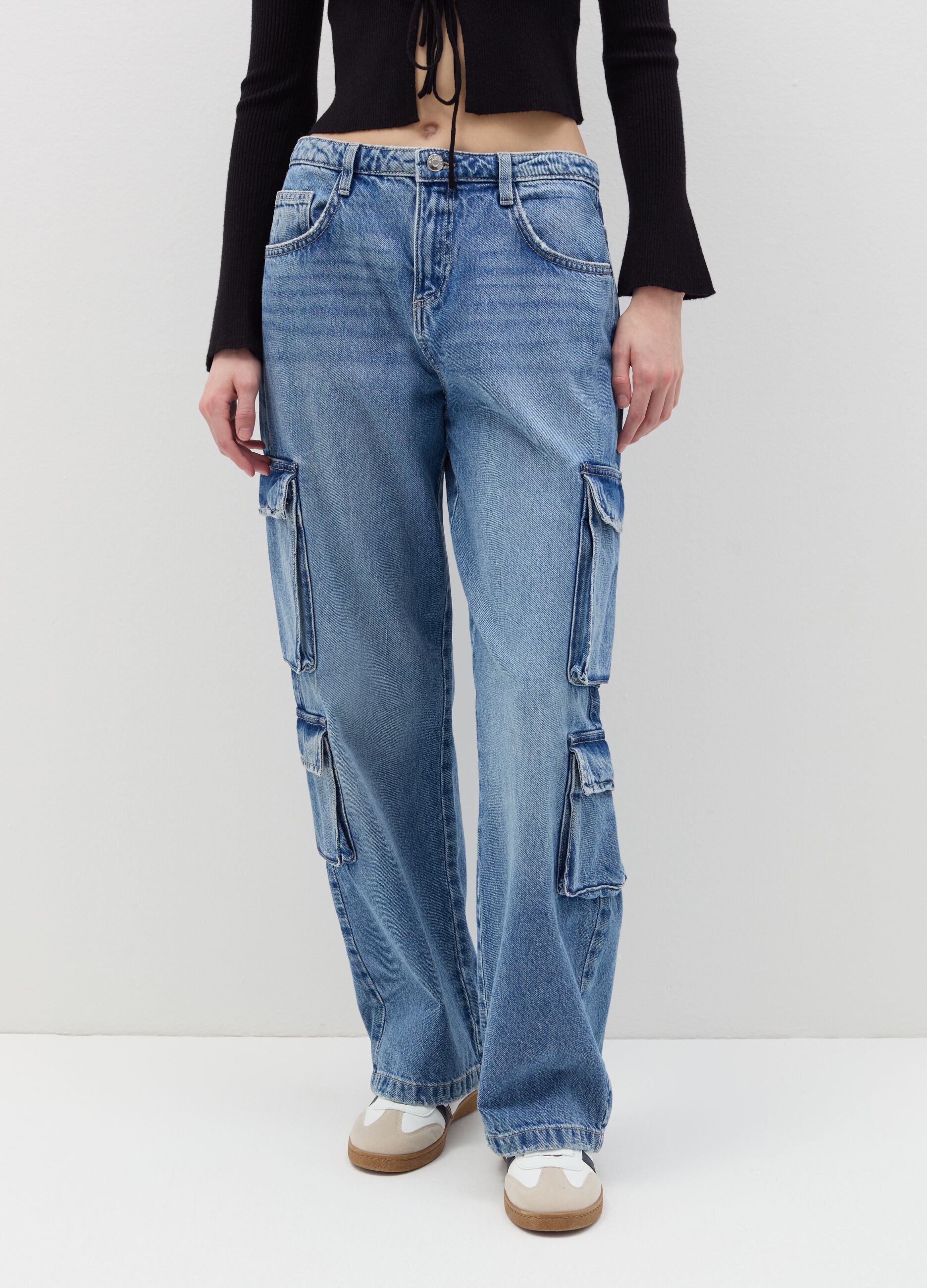Acid wash cargo jeans with multiple pockets
