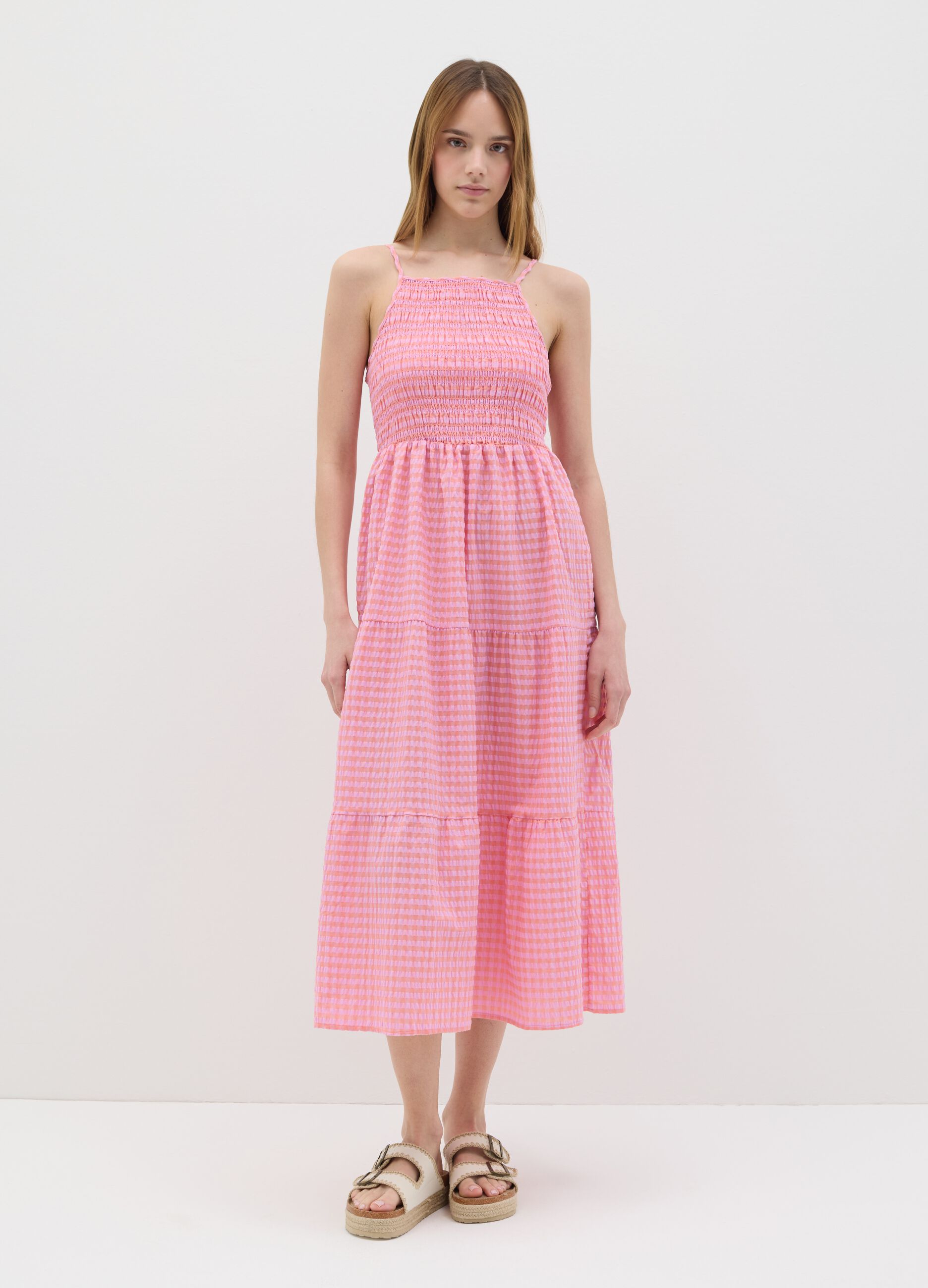 Pink Checked Smock Long Dress B.Angel