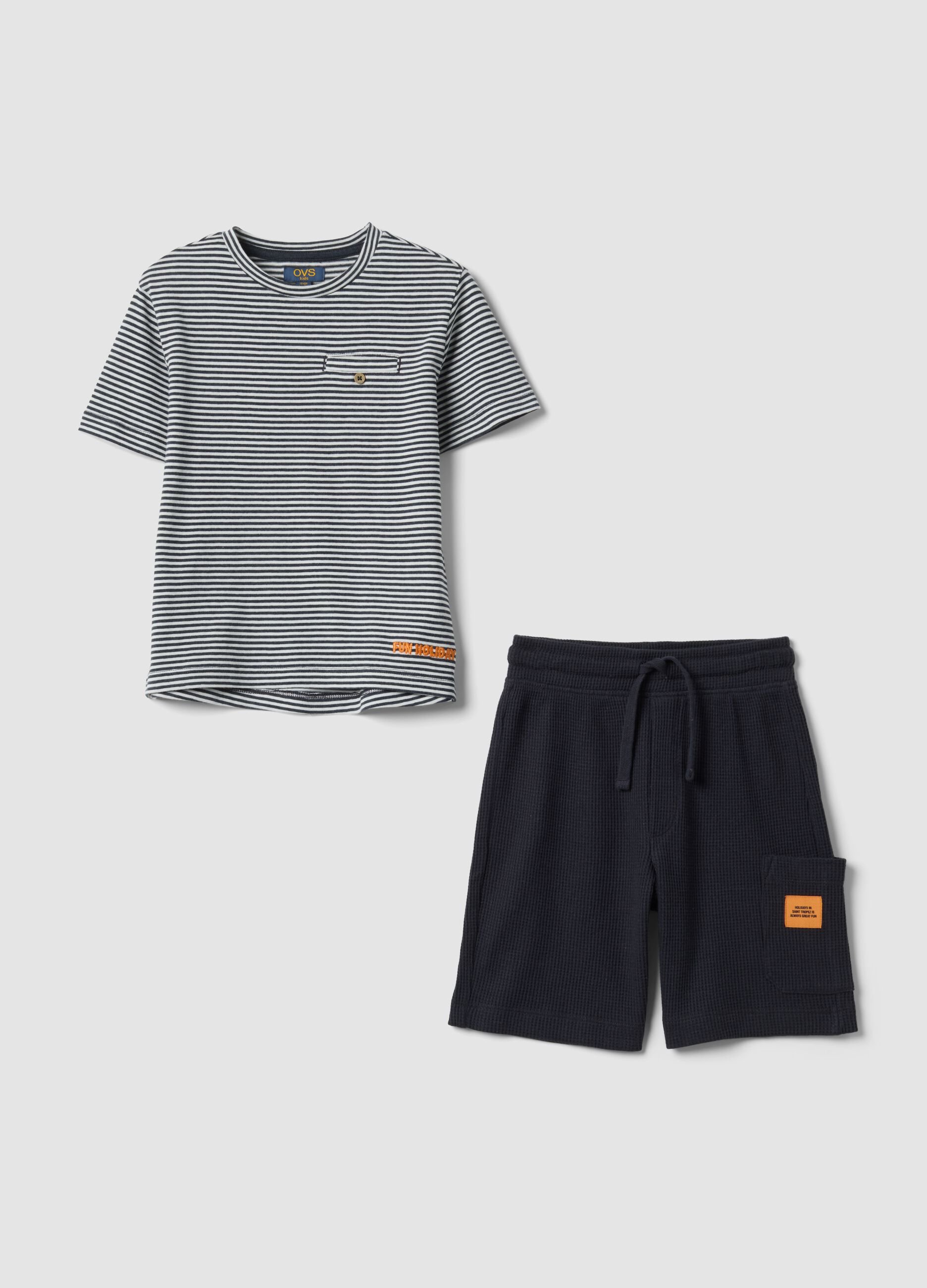 Blue cotton-blend set with striped T-shirt and shorts