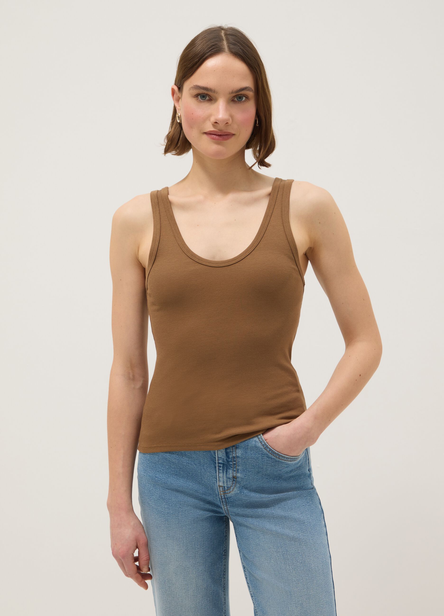 Brown Stretch Cotton Regular Fit Vest