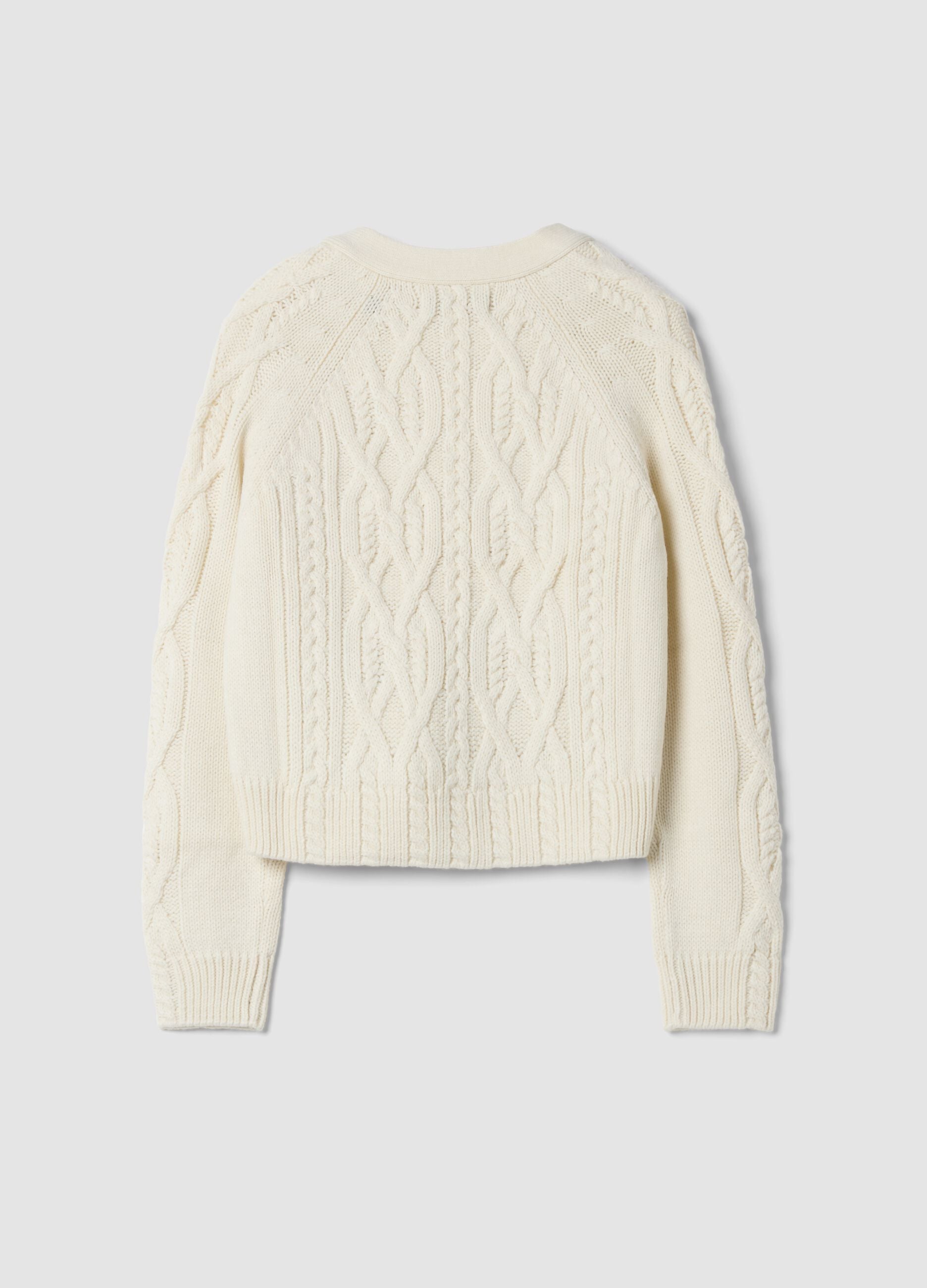 White wool-blend cardigan with deep V-neck, regular fit