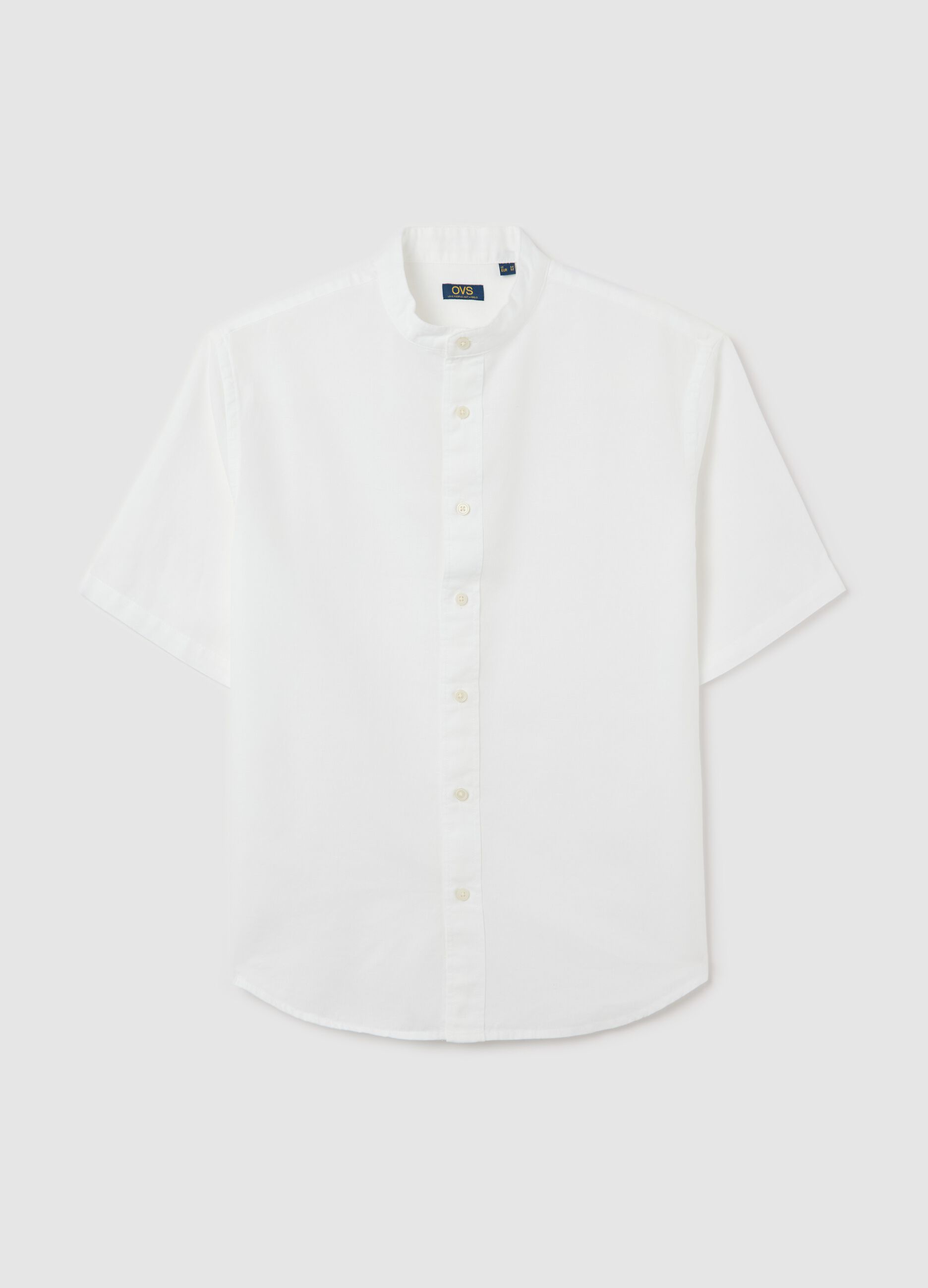 Mandarin shirt in cotton and linen with short sleeves
