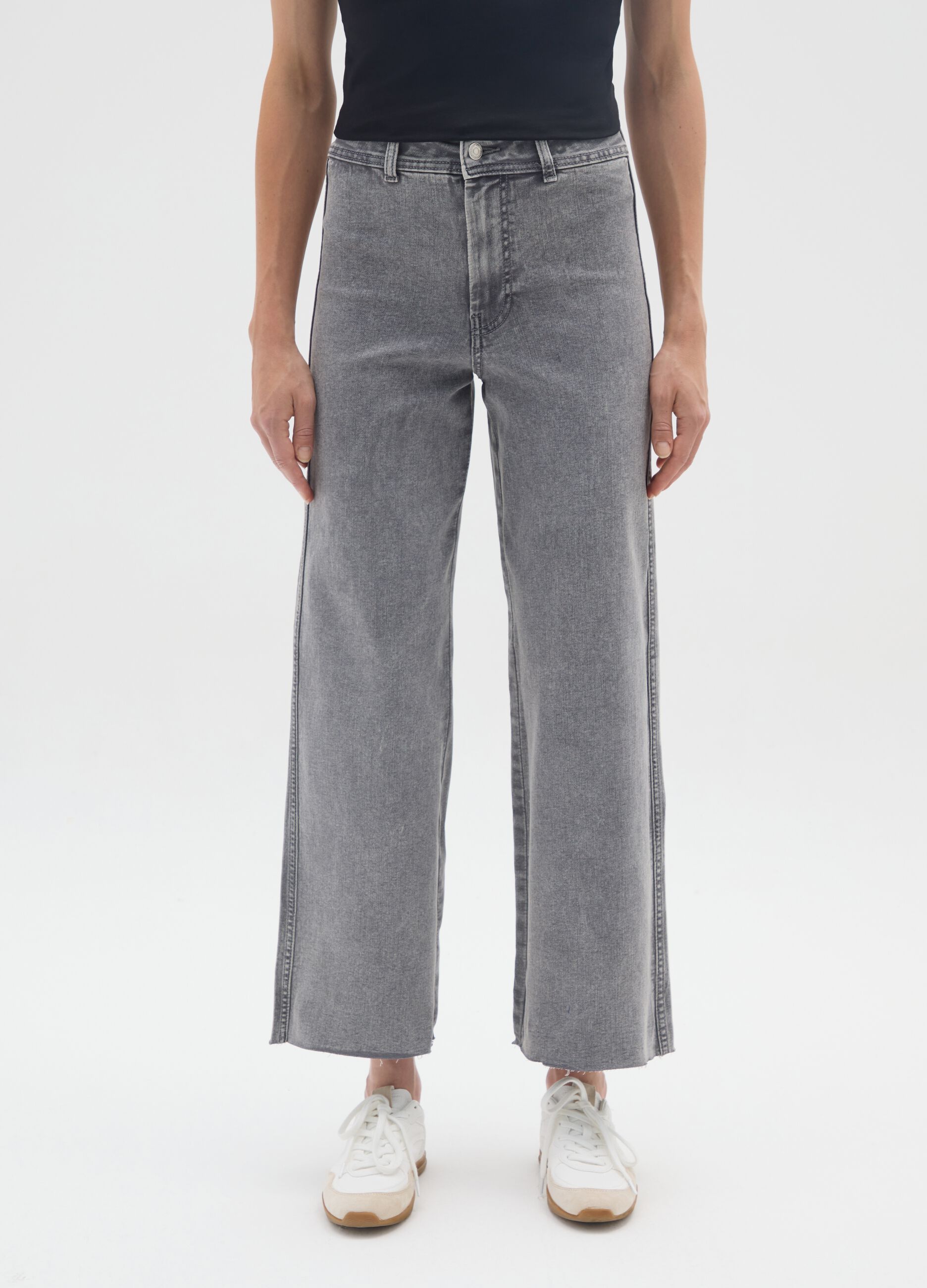 Grey wide leg cotton blend jeans