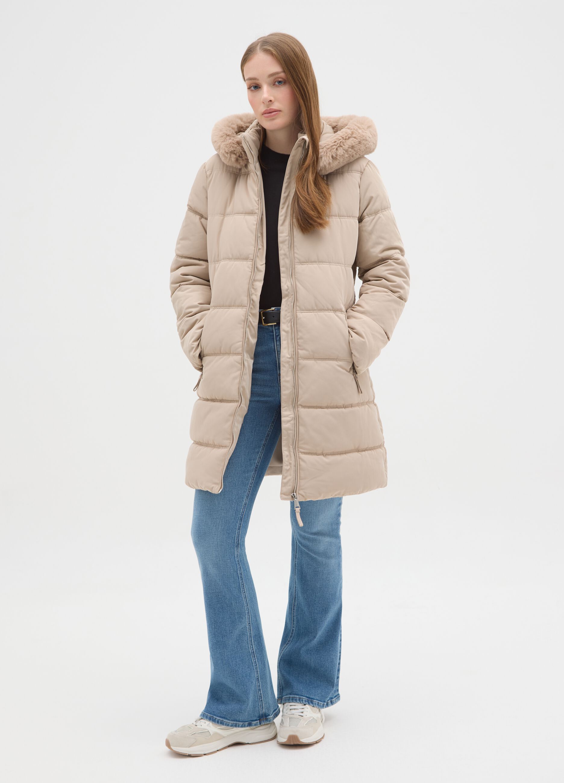 Black regular fit long padded jacket with hood and zip