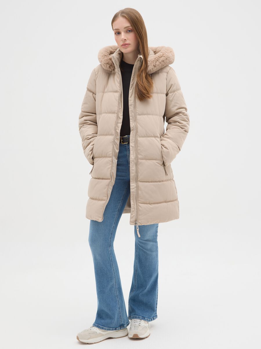 Black regular fit long padded jacket with hood and zip_1