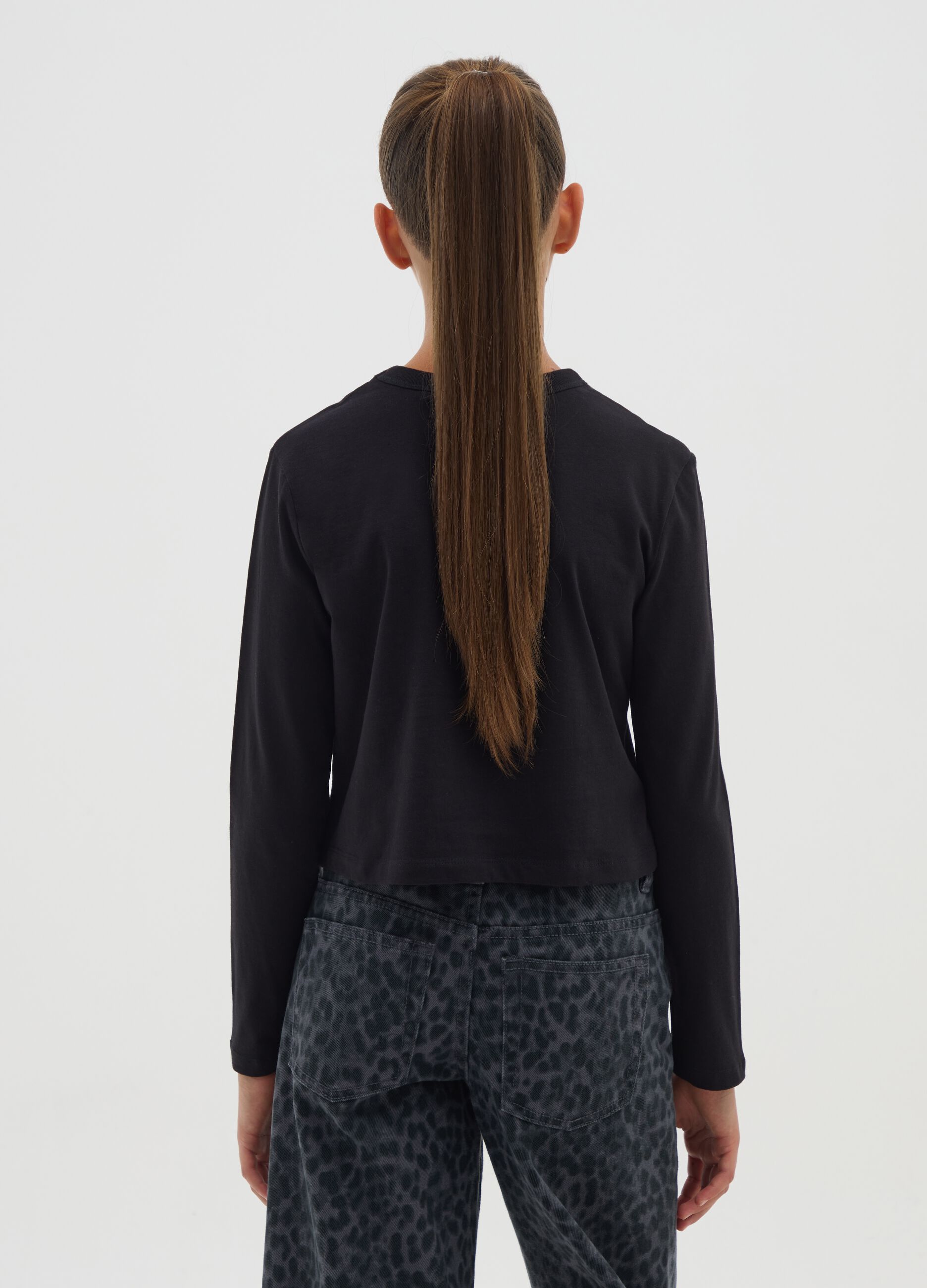 Girls' long-sleeve black pure cotton top