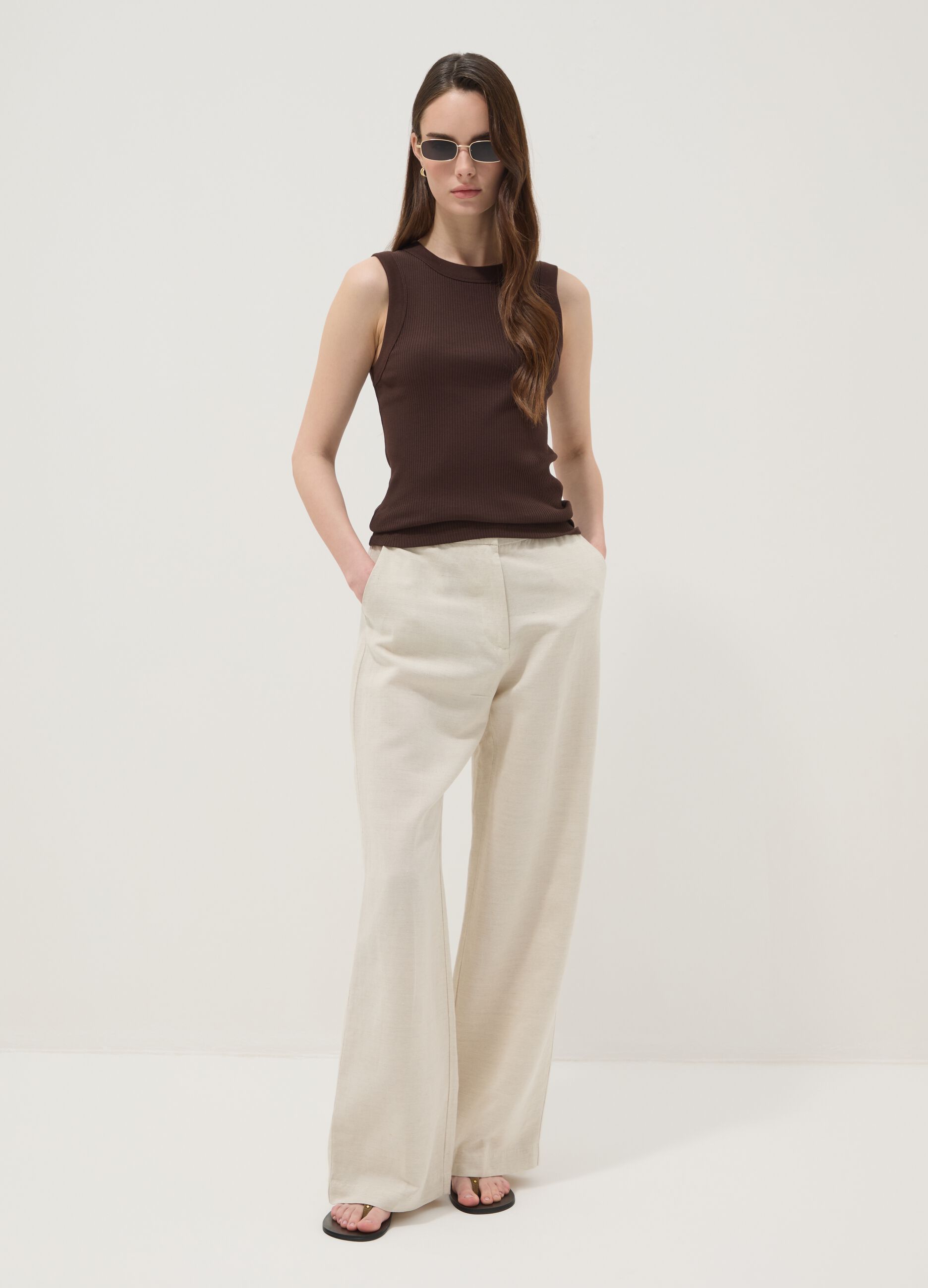 Brown fitted ribbed stretch-cotton tank top