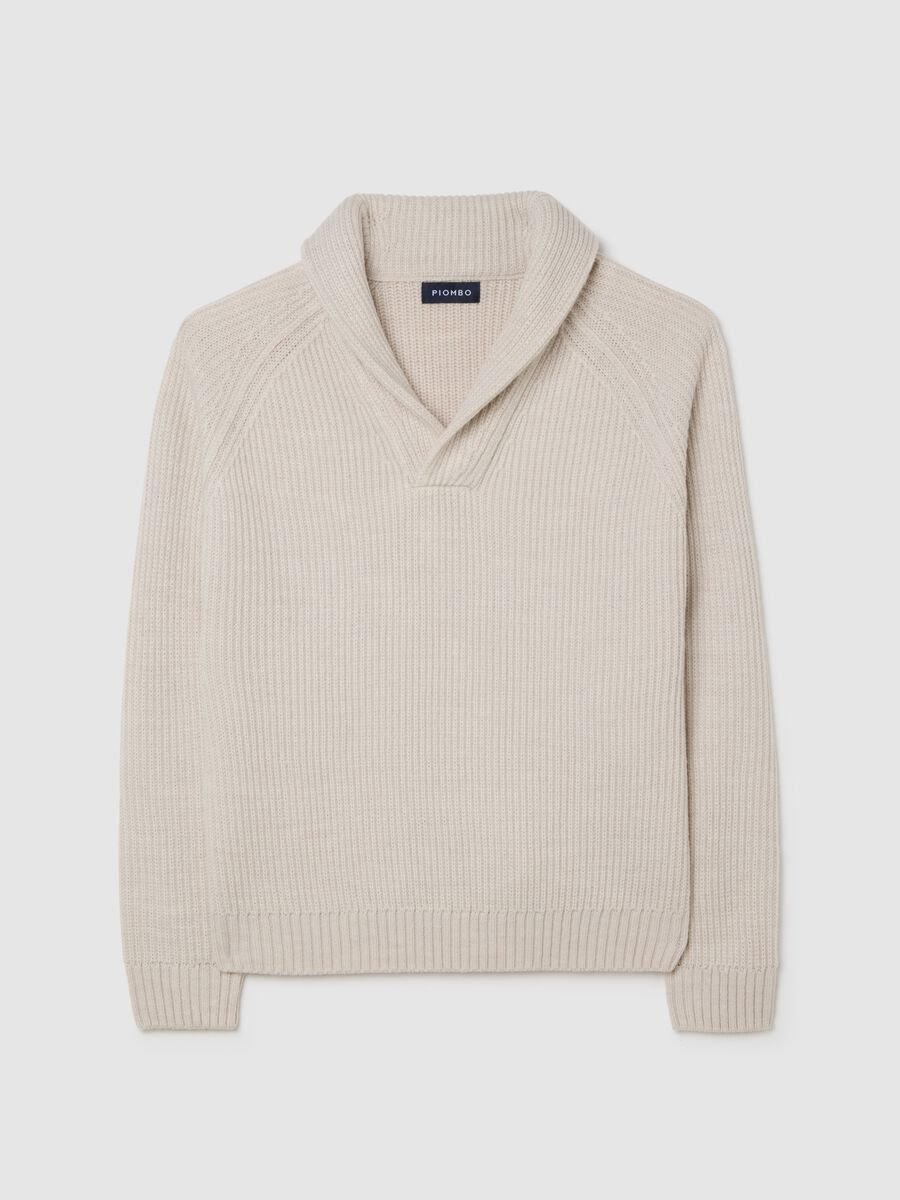 Beige Sweater with Shawl Collar in Wool Blend_4