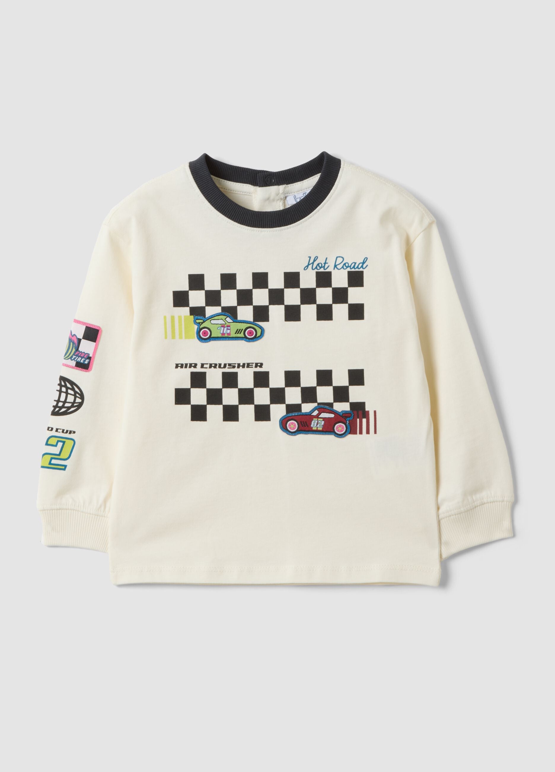 White pure cotton crew-neck T-shirt with racing print for baby boy