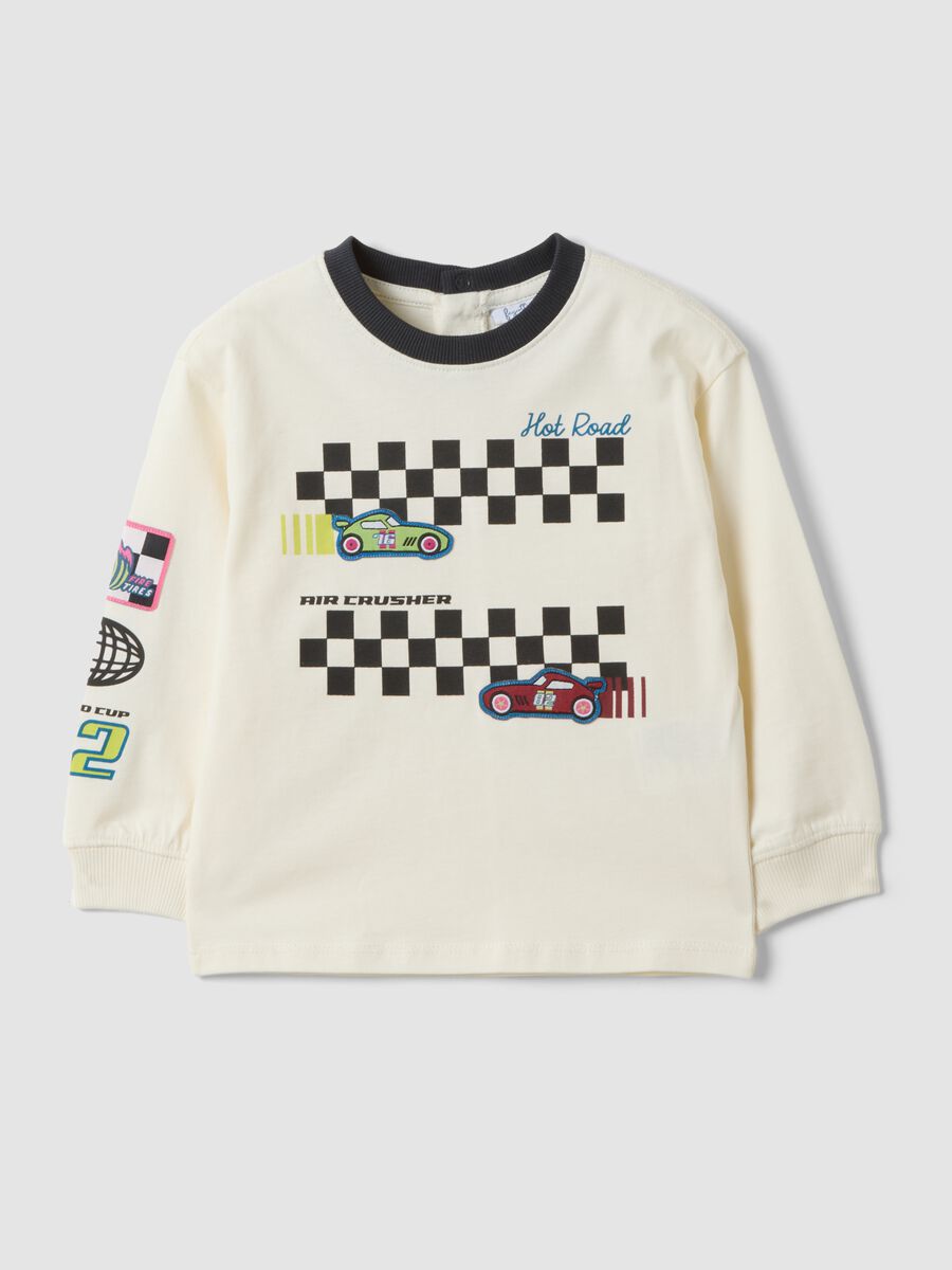 White pure cotton crew-neck T-shirt with racing print for baby boy_0