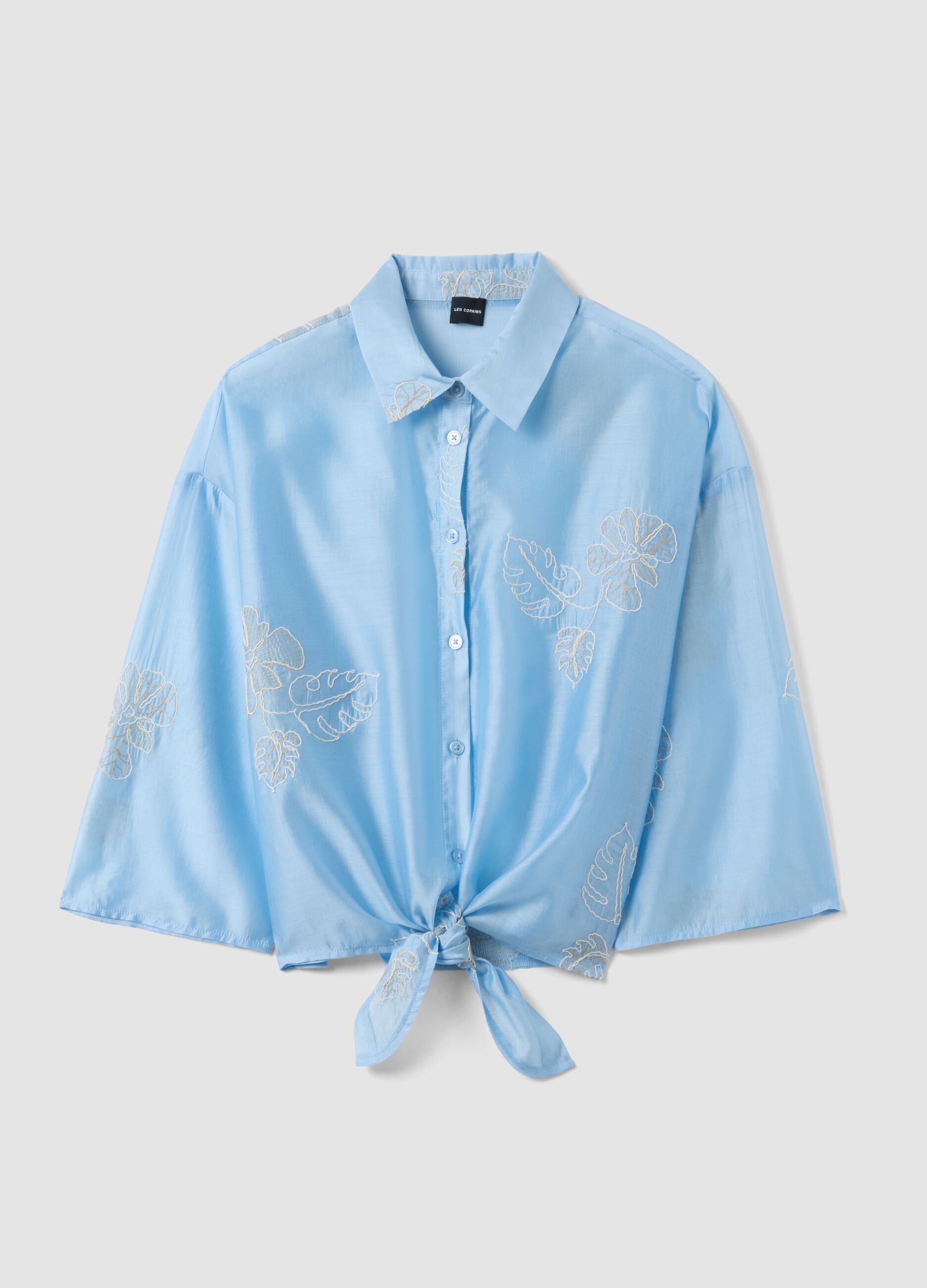 Regular fit blue lyocell blend shirt with floral embroidery