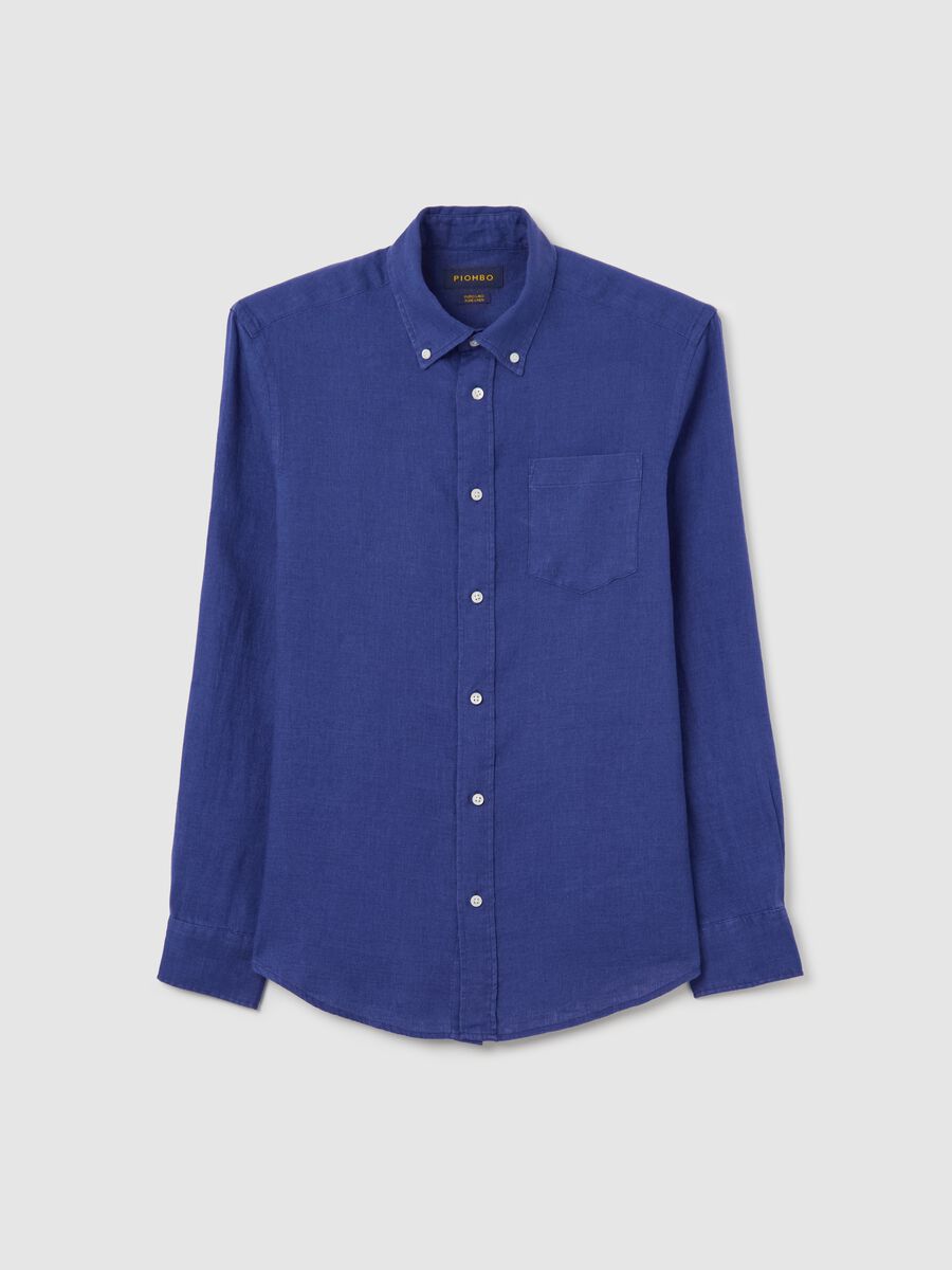 Blue Linen Shirt by Piombo with Button-down Collar_4