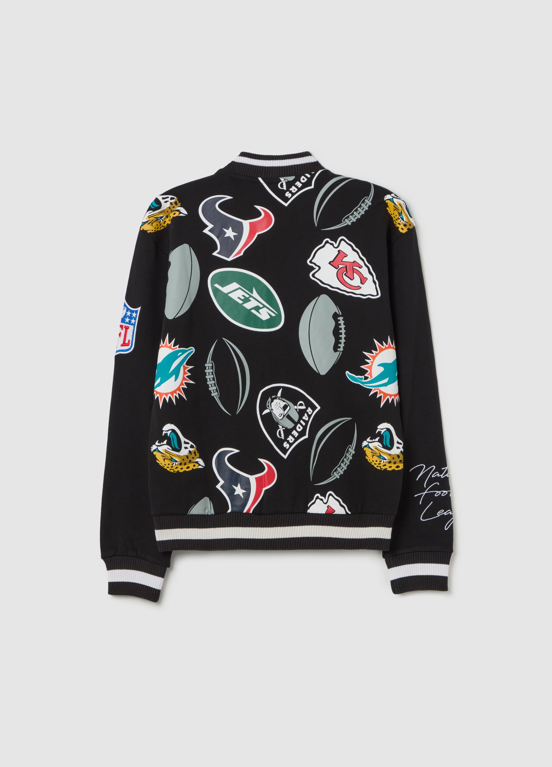 Varsity bomber jacket with all-over NBA team logos print