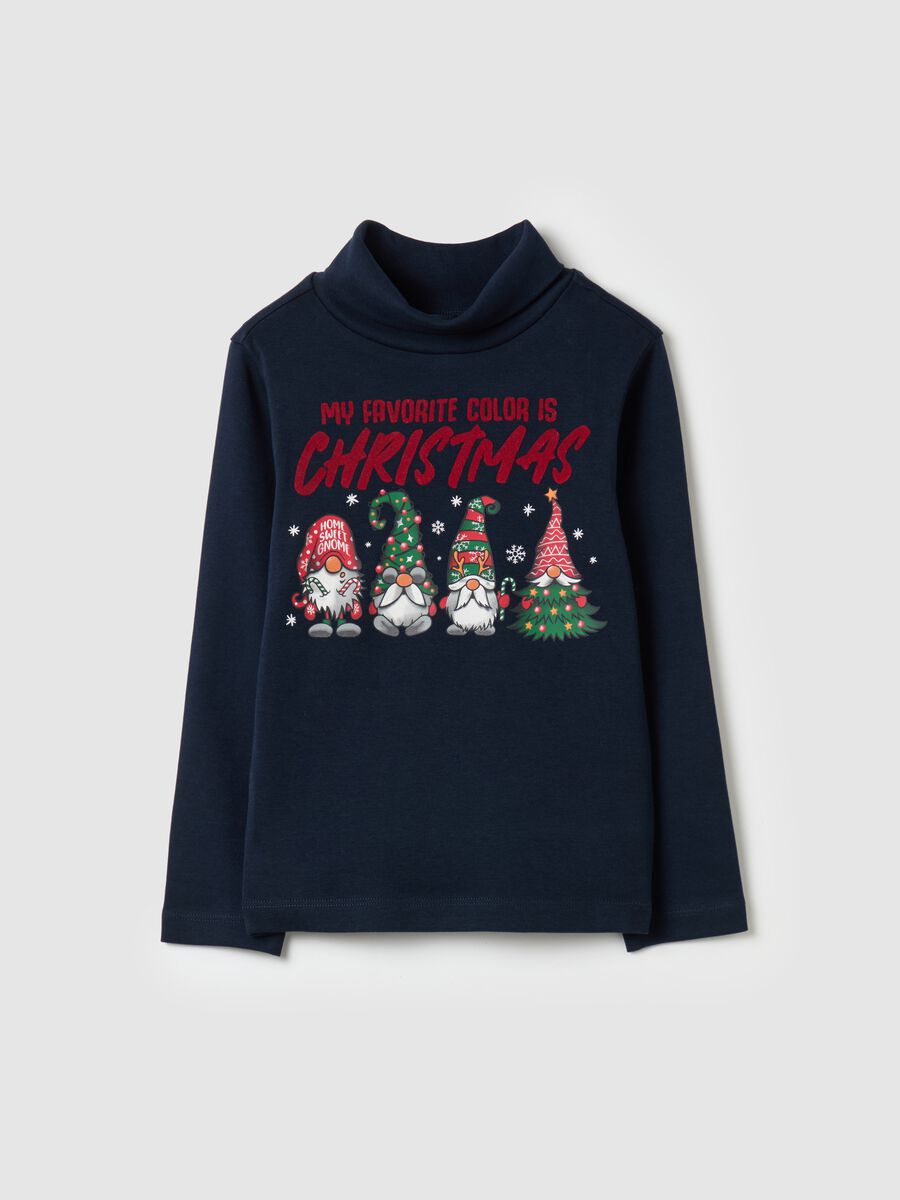 T-shirt with high neck and Christmas print_0