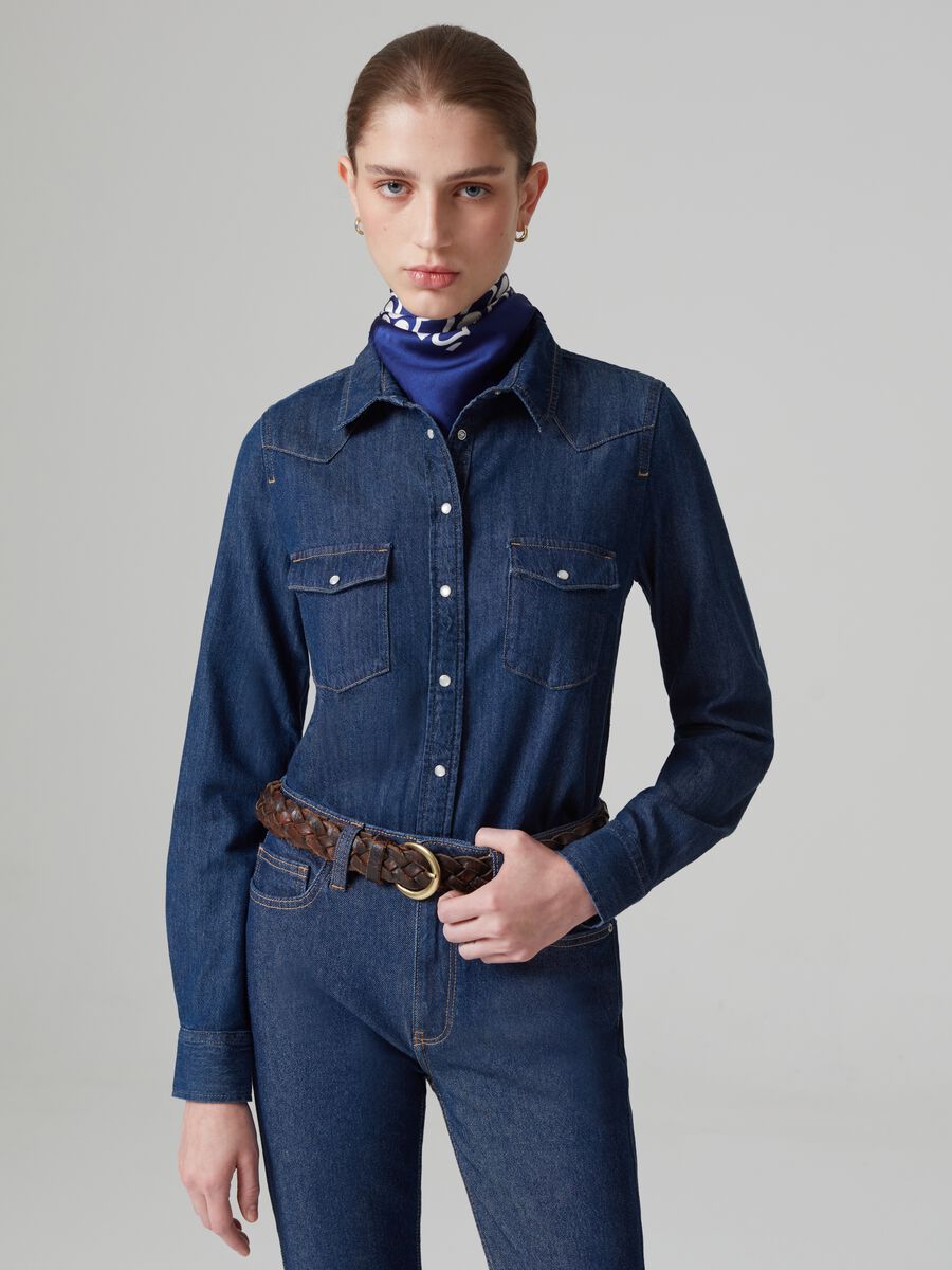 Camicia western in denim con bottoni perlati_0