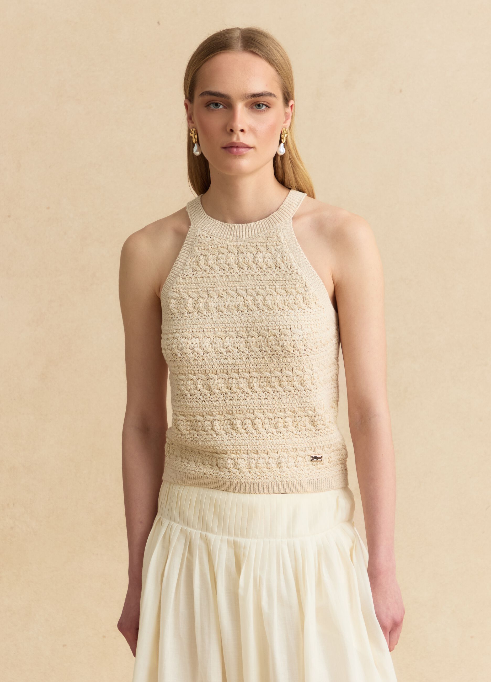 Beige cotton-blend knitted top