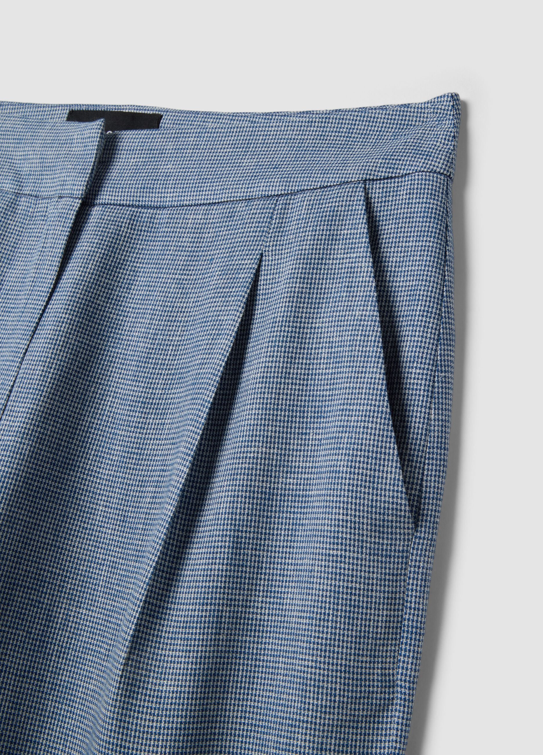 Linen-blend wide-leg trousers with blue and white micro-checks