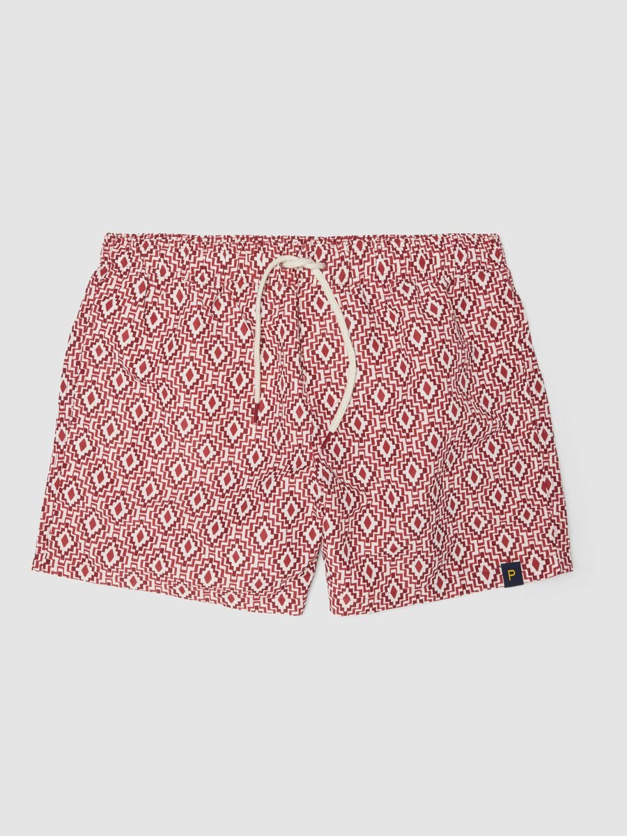Red swim shorts with geometric print_0