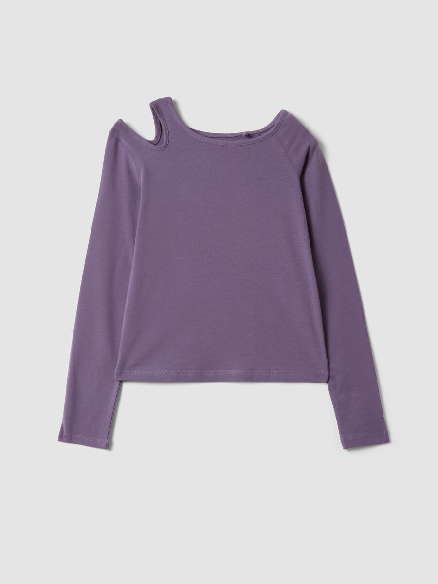 T-shirt viola in cotone organico elasticizzato con cut-out per ragazza_3