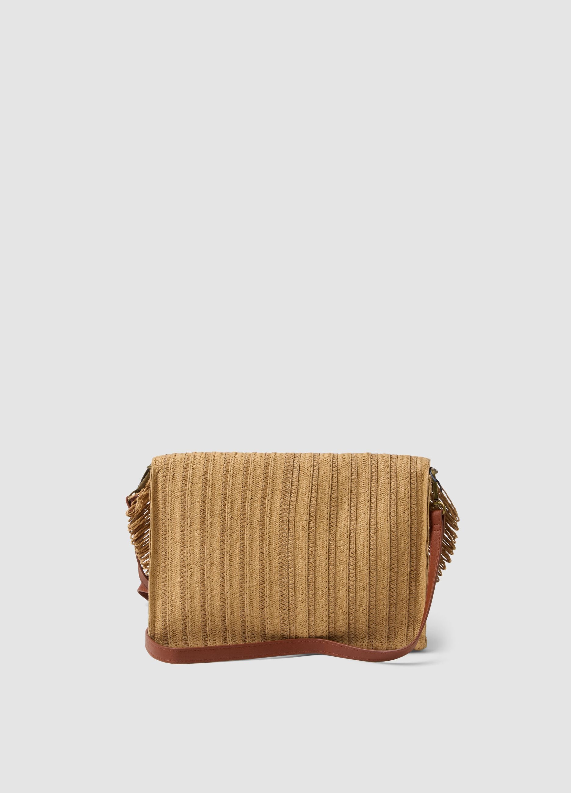 Beige crossbody bag in paper-blend fabric with fringe