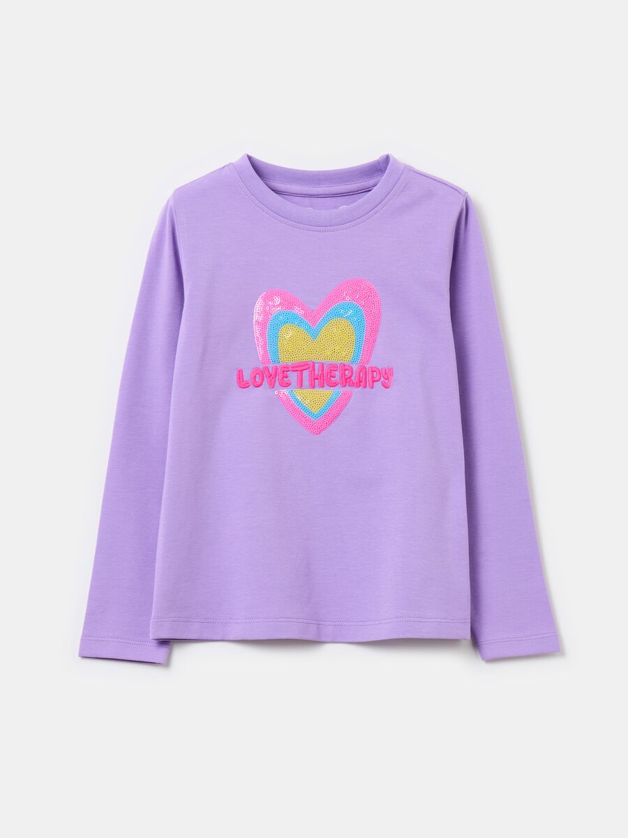 T-shirt a maniche lunghe con cuore di paillettes_0