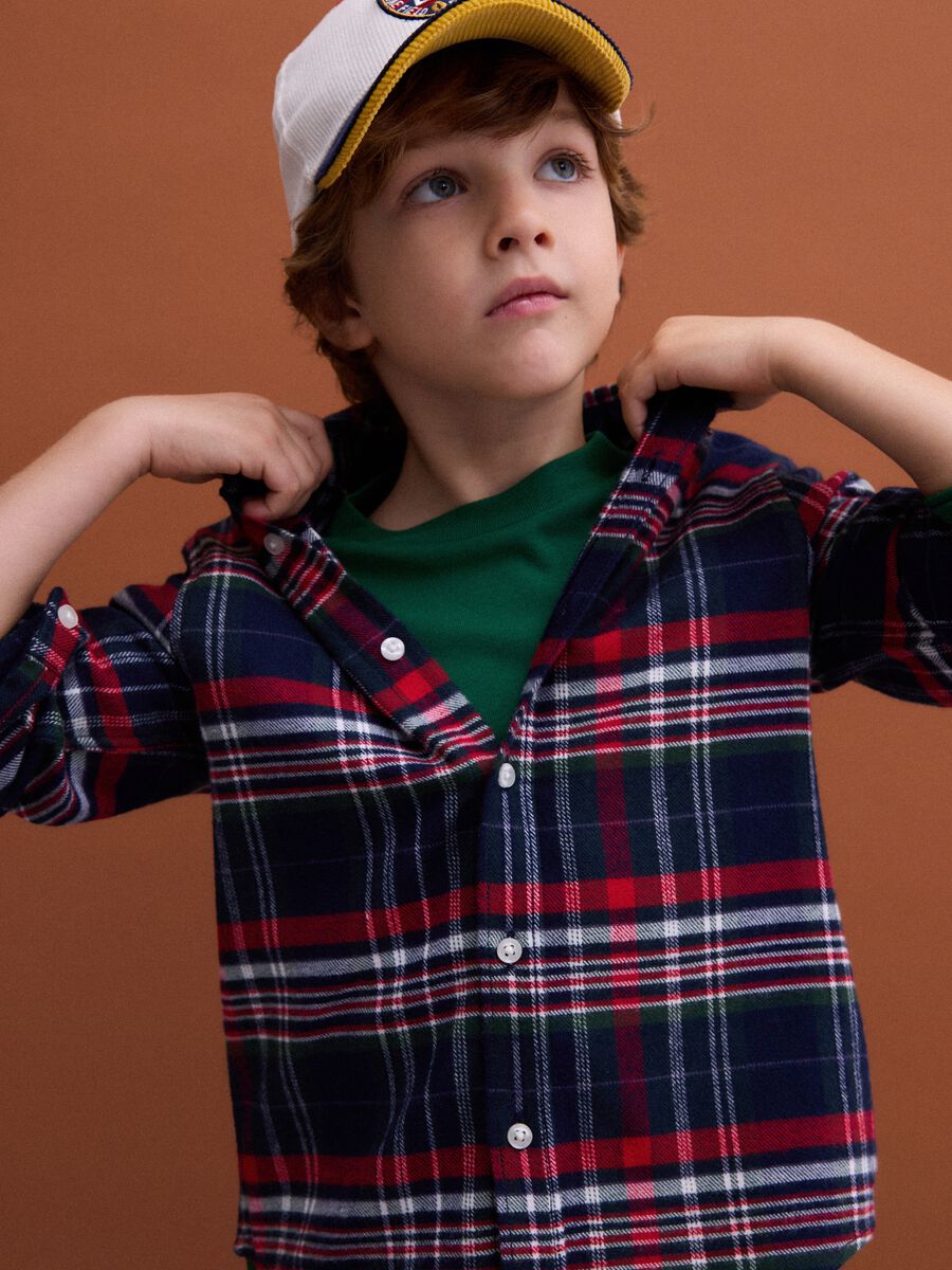 Camicia blu e verde a quadri in puro cotone_1