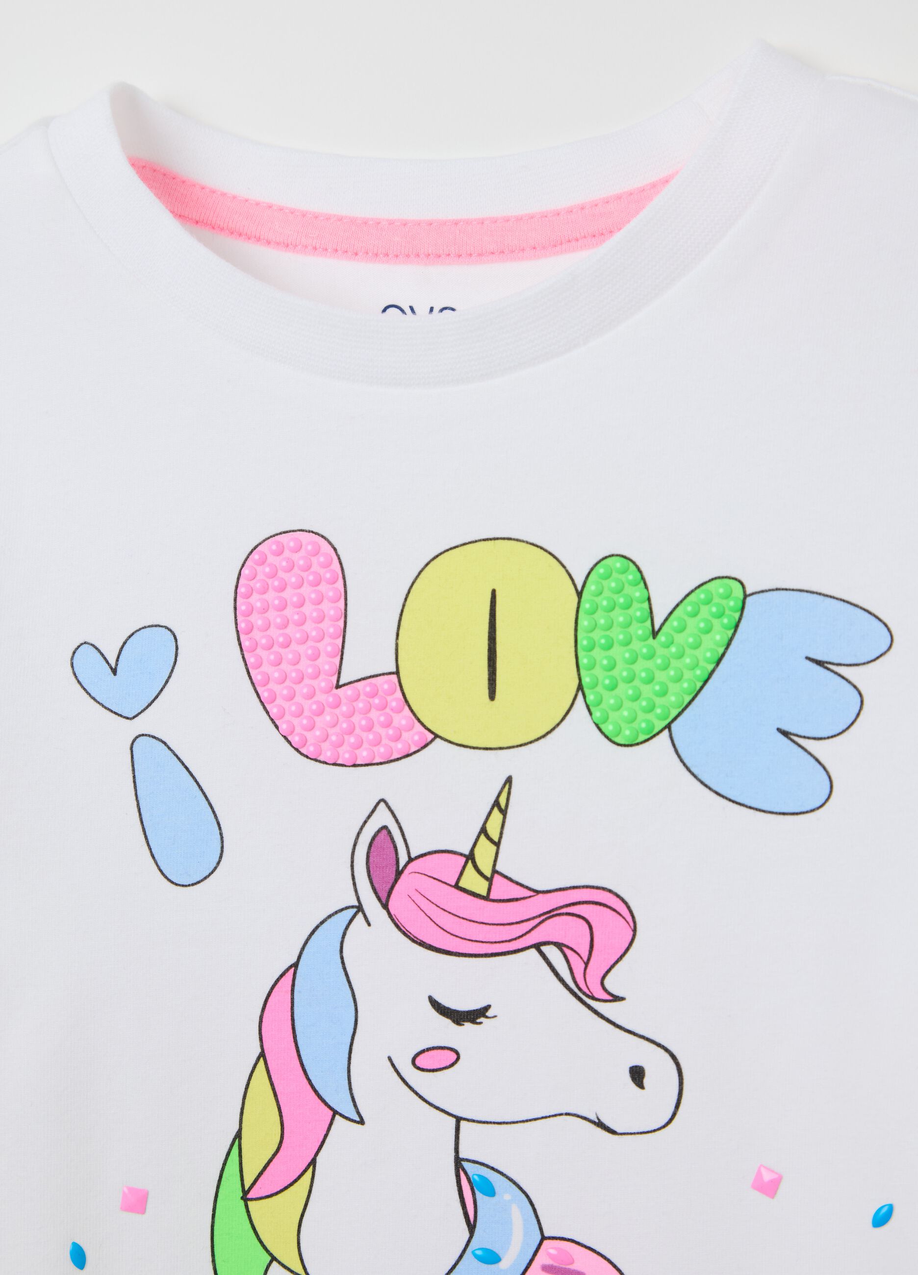 White stretch cotton T-shirt with unicorn print