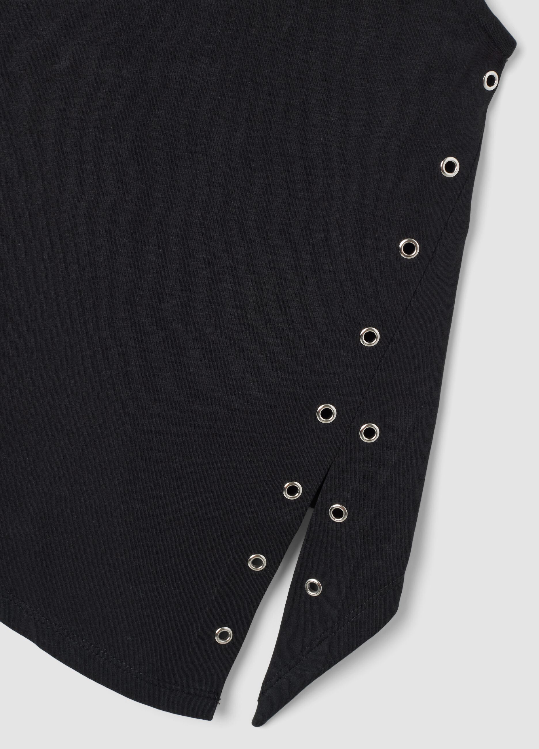 Black stretch cotton top with asymmetric hem and metal eyelets