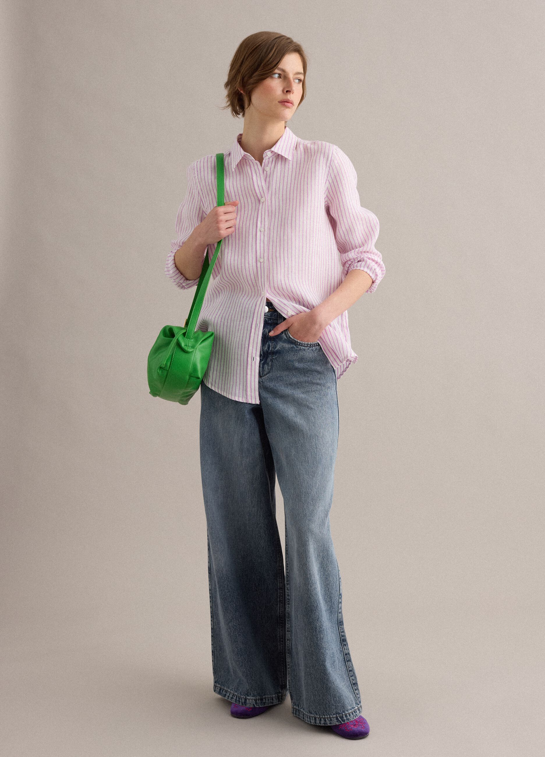 White and pink striped pure linen shirt, regular fit
