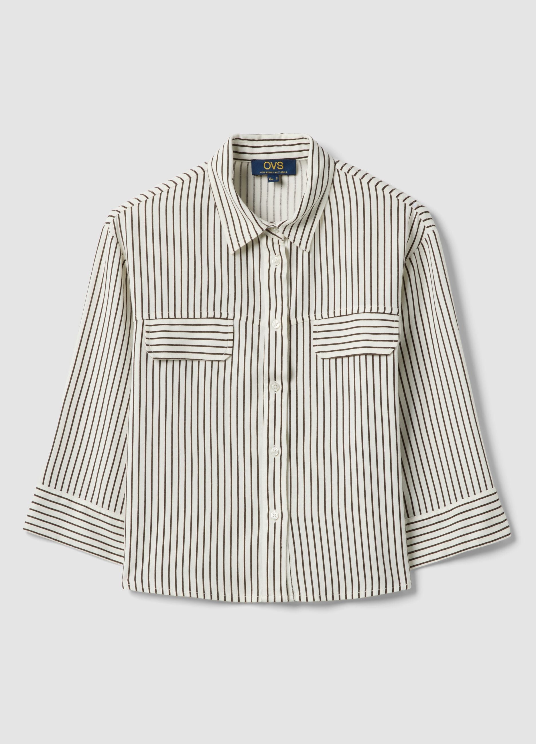 Regular-fit white and brown striped viscose-linen blend shirt