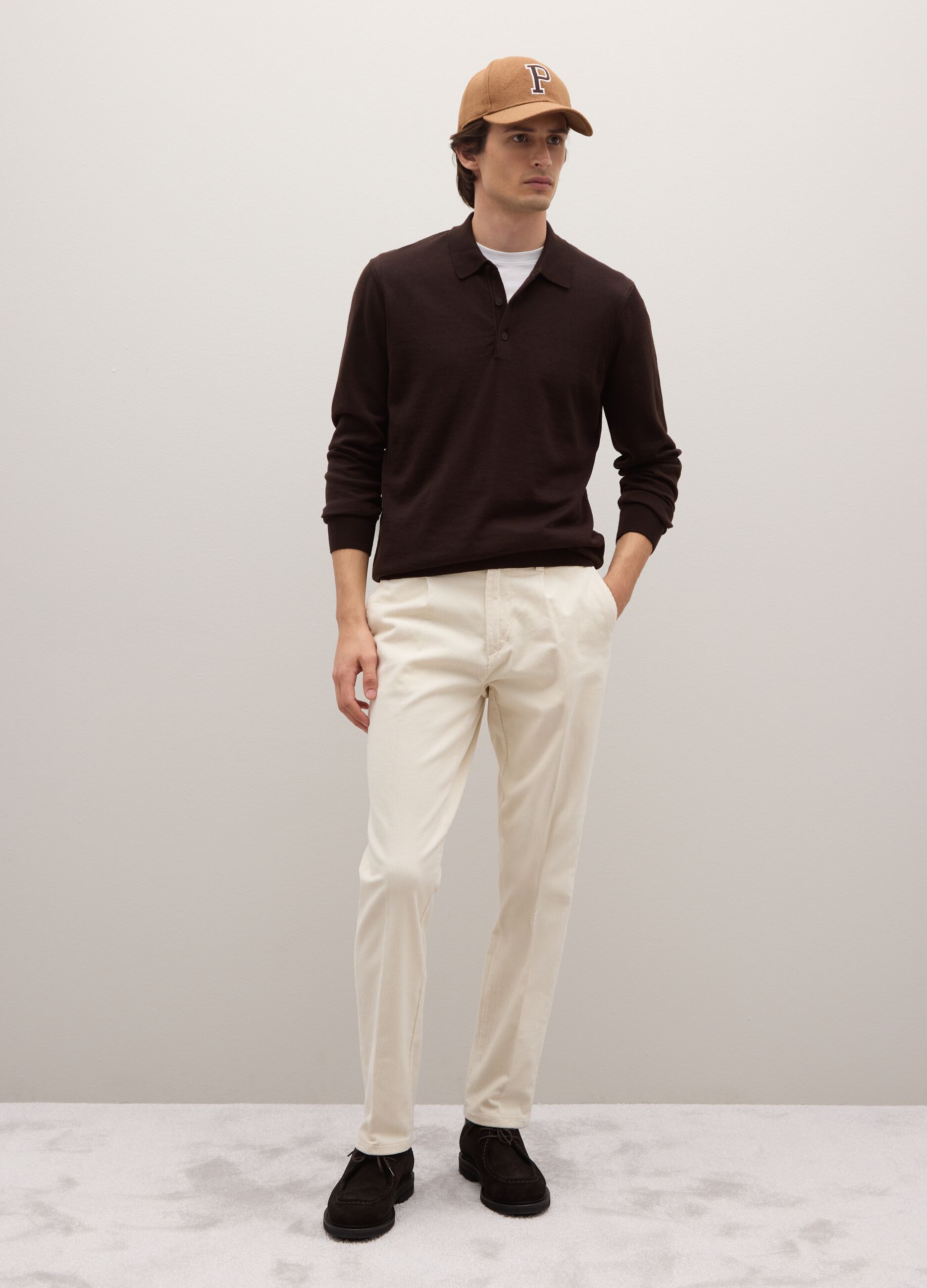 Beige cotton blend regular fit trousers