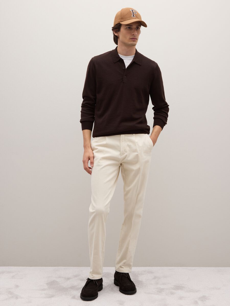 Beige cotton blend regular fit trousers_0