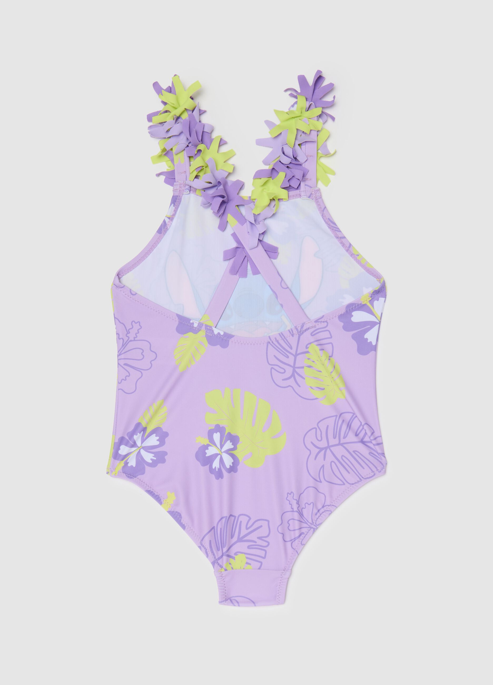 Girls’ one-piece swimsuit in multicoloured stretch fabric with floral details